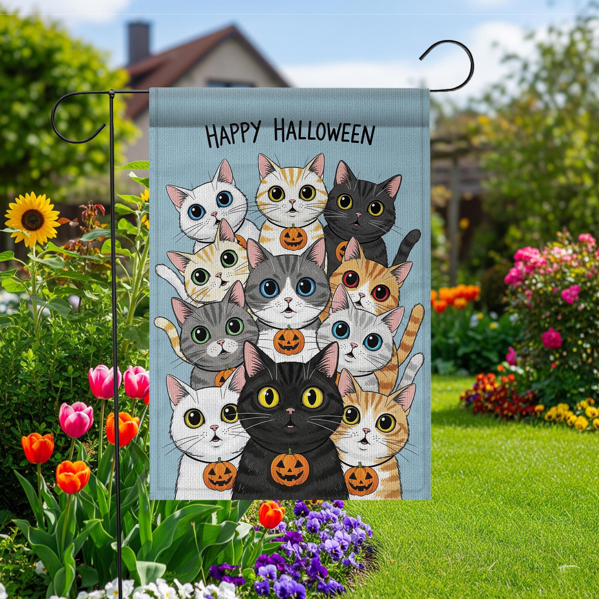 Happy Halloween Cats Garden Flag, Cute Black Cat Pumpkin Decor, Fall Outdoor Decoration