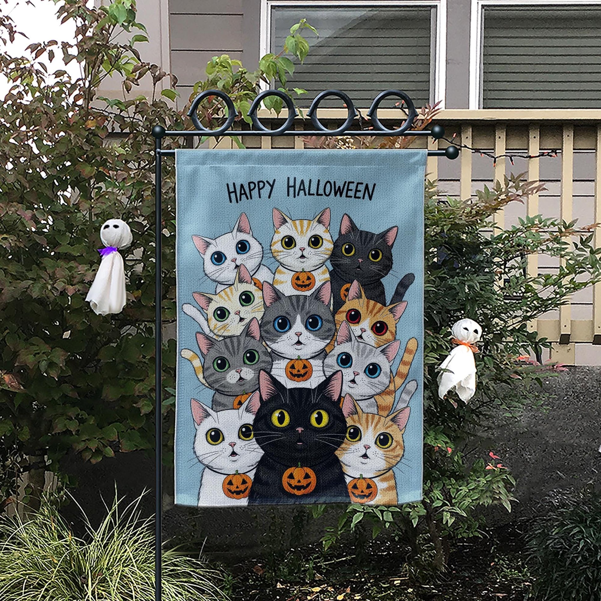 Happy Halloween Cats Garden Flag, Cute Black Cat Pumpkin Decor, Fall Outdoor Decoration