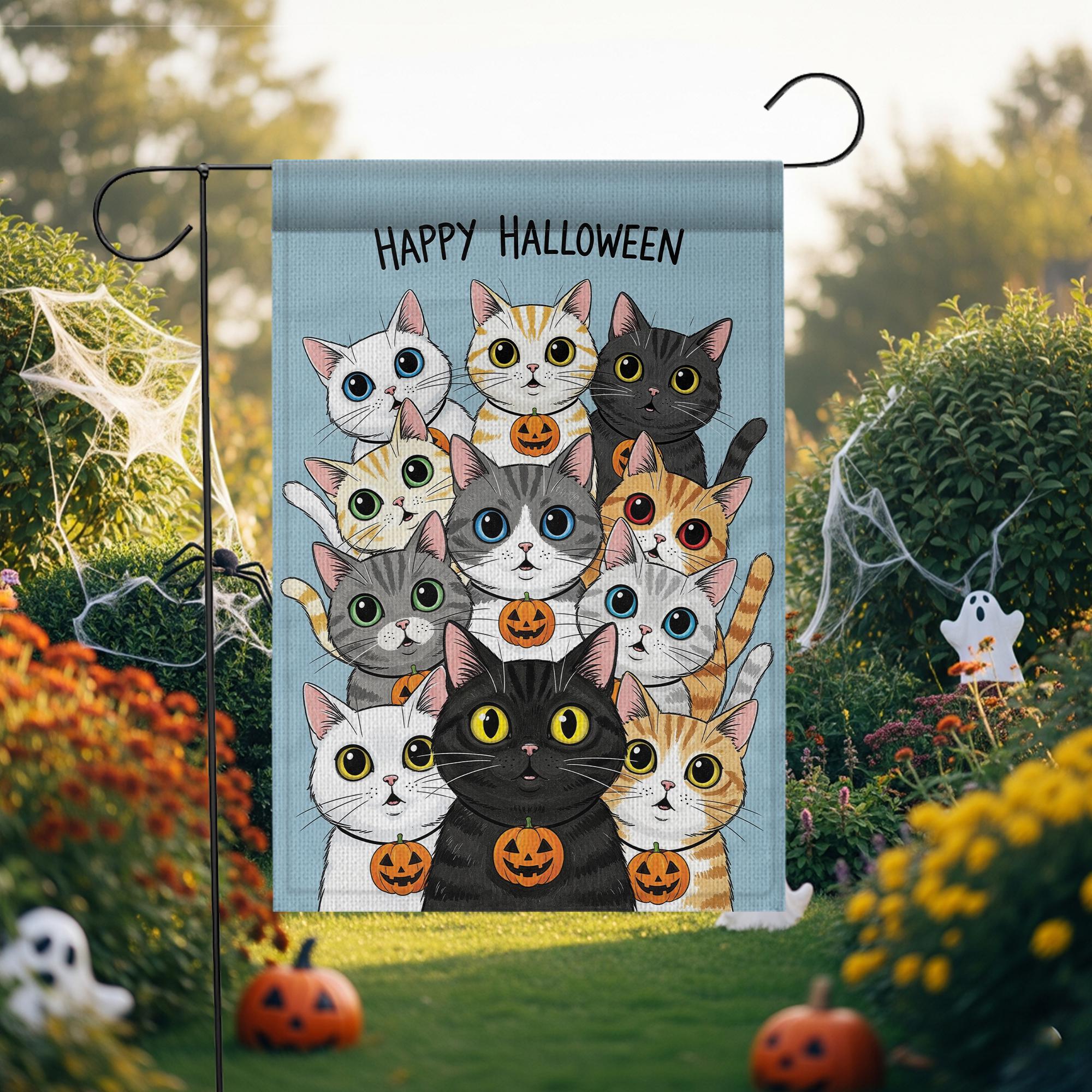 Happy Halloween Cats Garden Flag, Cute Black Cat Pumpkin Decor, Fall Outdoor Decoration