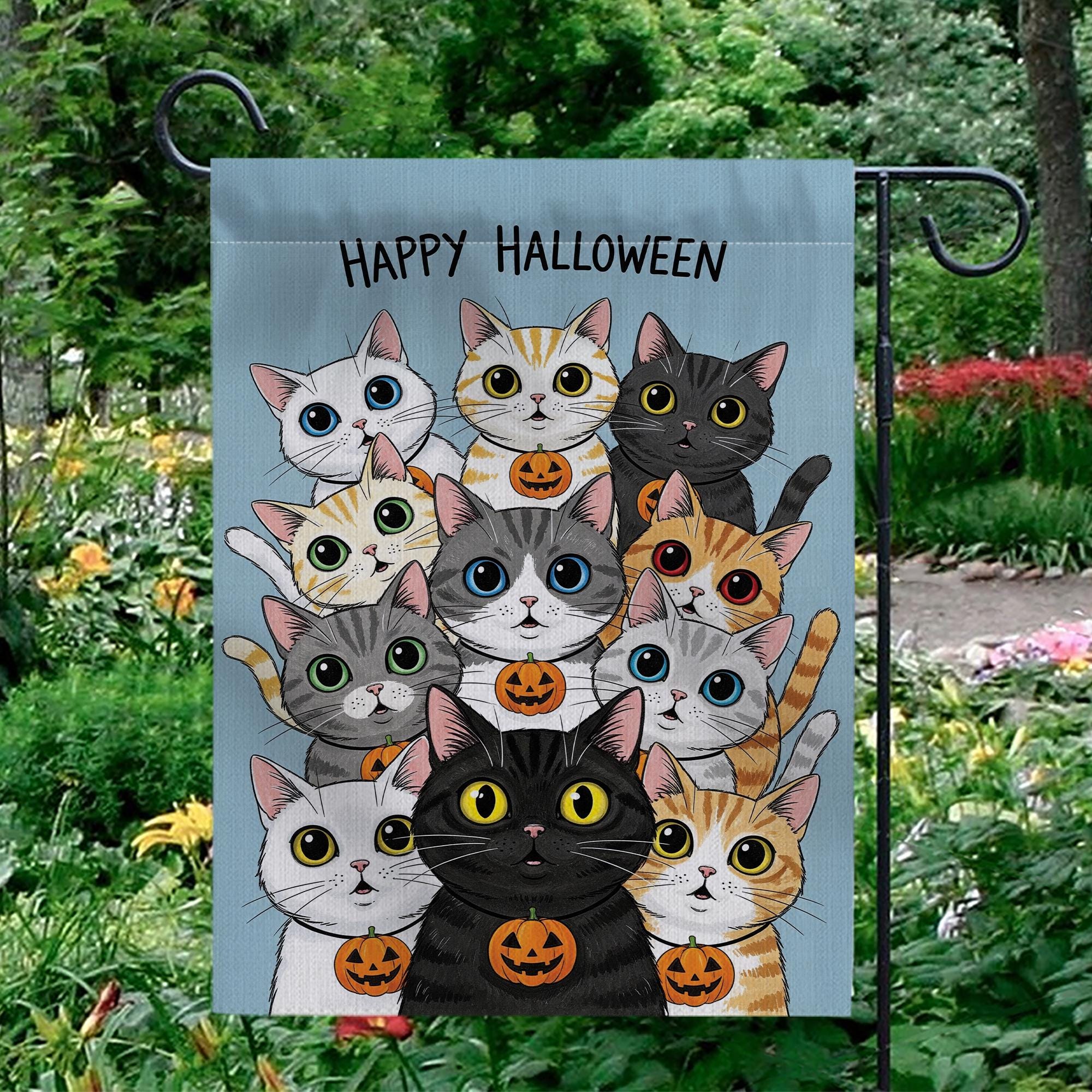 Happy Halloween Cats Garden Flag, Cute Black Cat Pumpkin Decor, Fall Outdoor Decoration