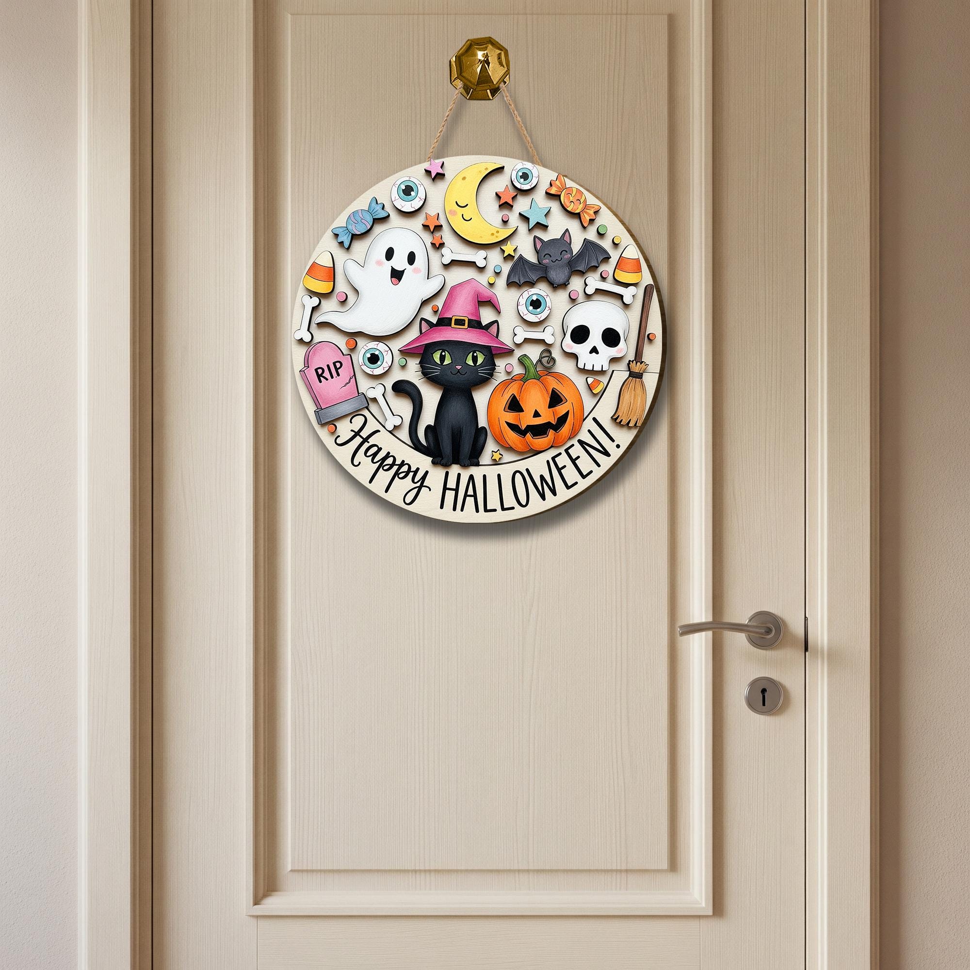 Happy Halloween Black Cat Wooden Sign, Spooky Door Hanger, Halloween Porch Decor, Trick or Treat