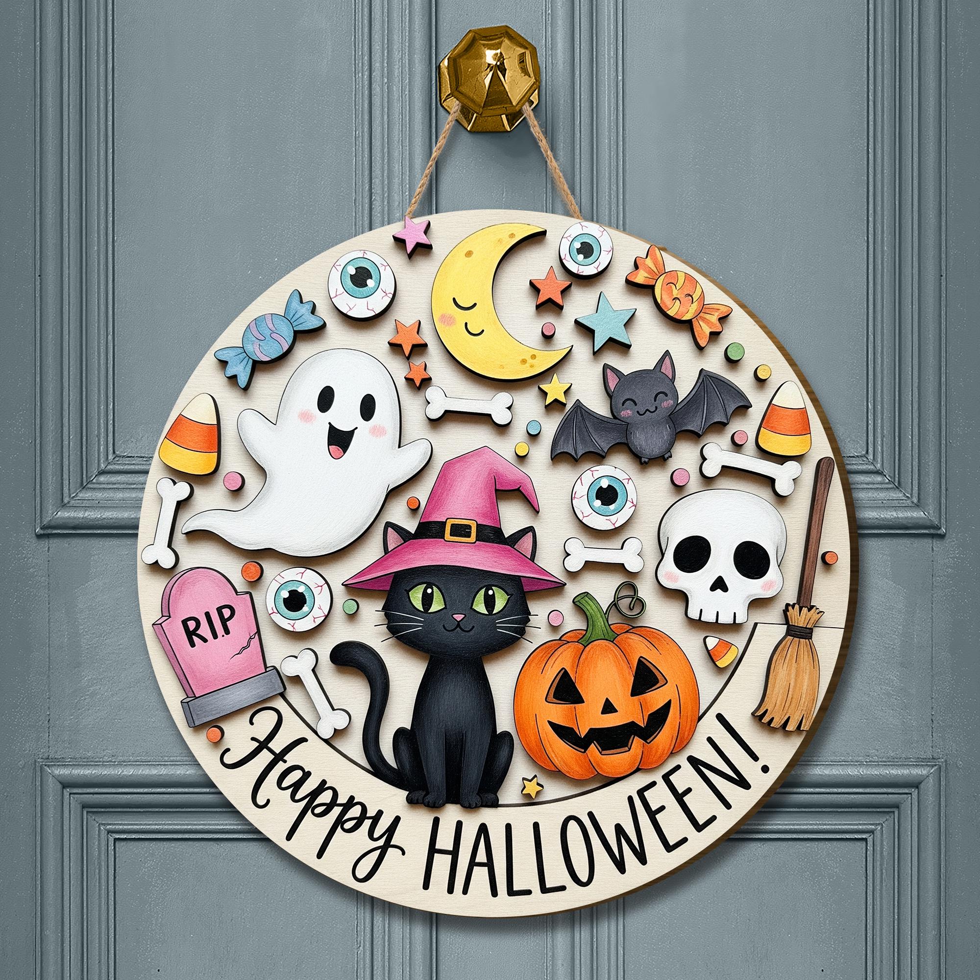 Happy Halloween Black Cat Wooden Sign, Spooky Door Hanger, Halloween Porch Decor, Trick or Treat