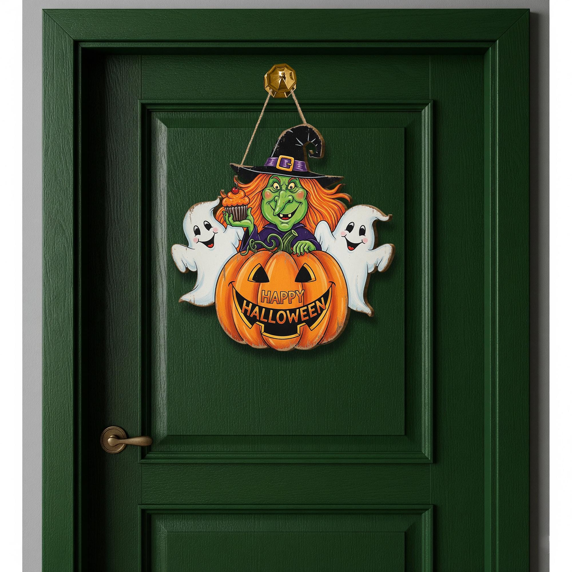 Happy Halloween Witch Wooden Sign , Spooky Ghost and Pumpkin Porch Sign, Fall Decor