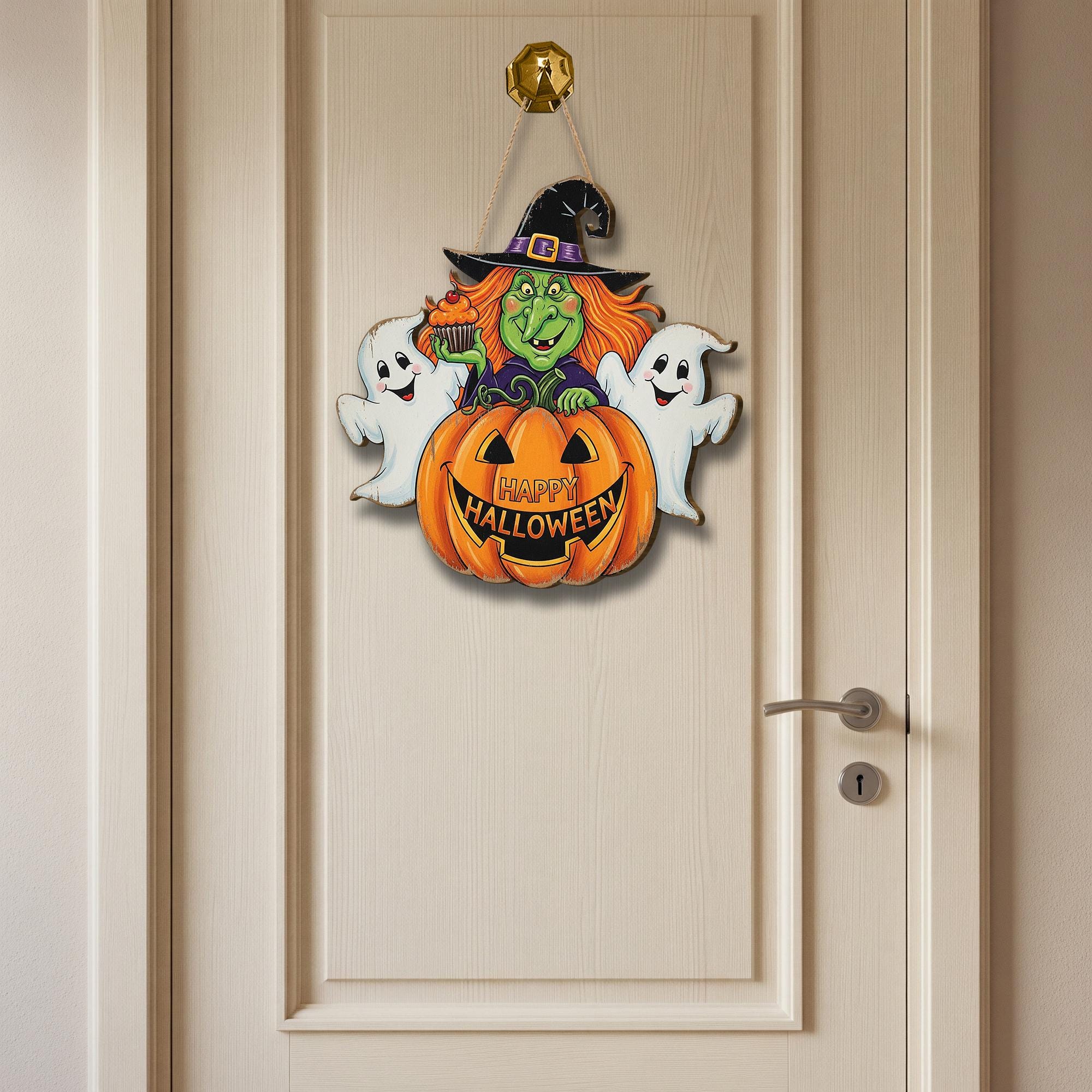 Happy Halloween Witch Wooden Sign , Spooky Ghost and Pumpkin Porch Sign, Fall Decor