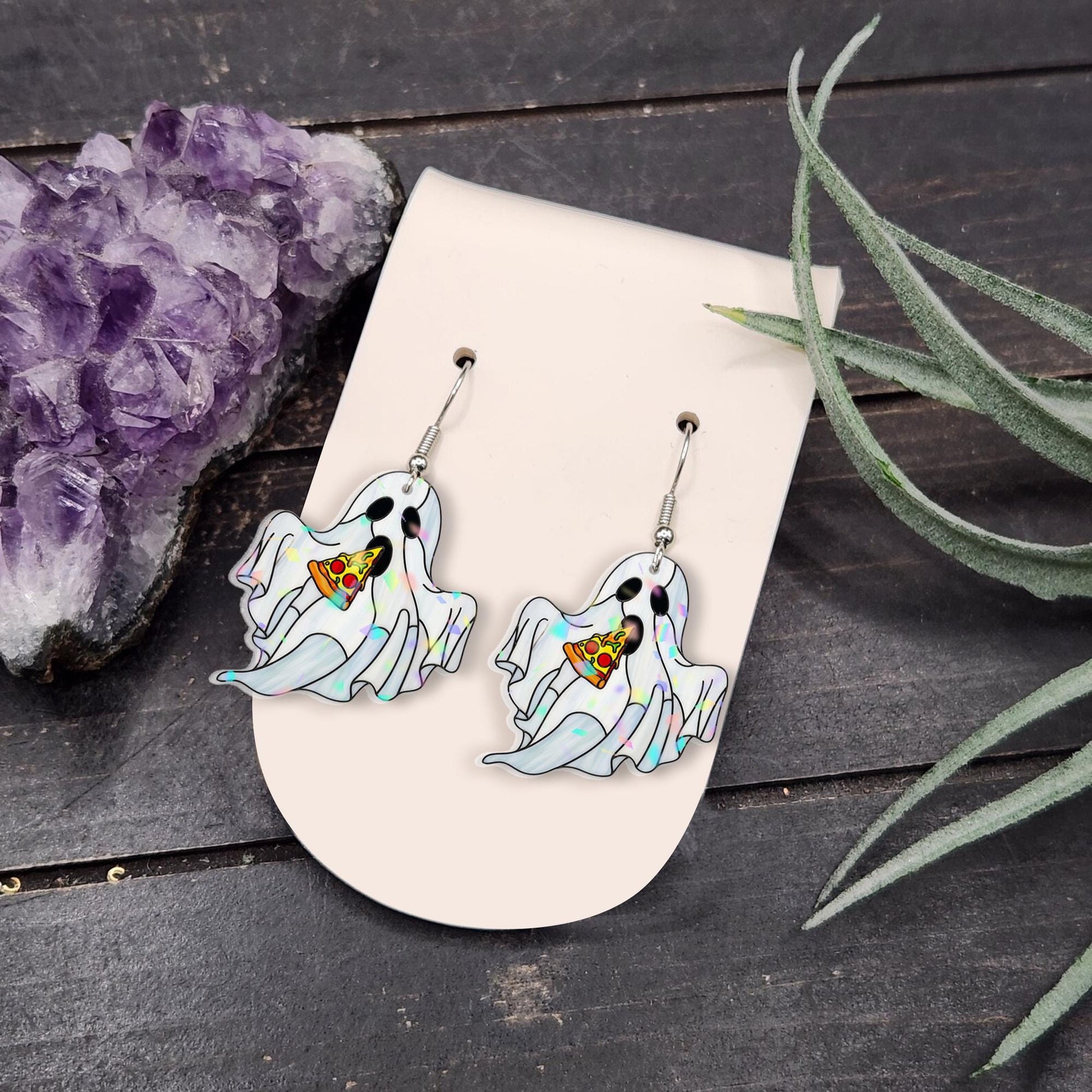 Pizza Ghost Earrings – Cute Spooky Dangle Halloween Earrings for Foodie Fashion, Goth Humor & Quirky Fall Style