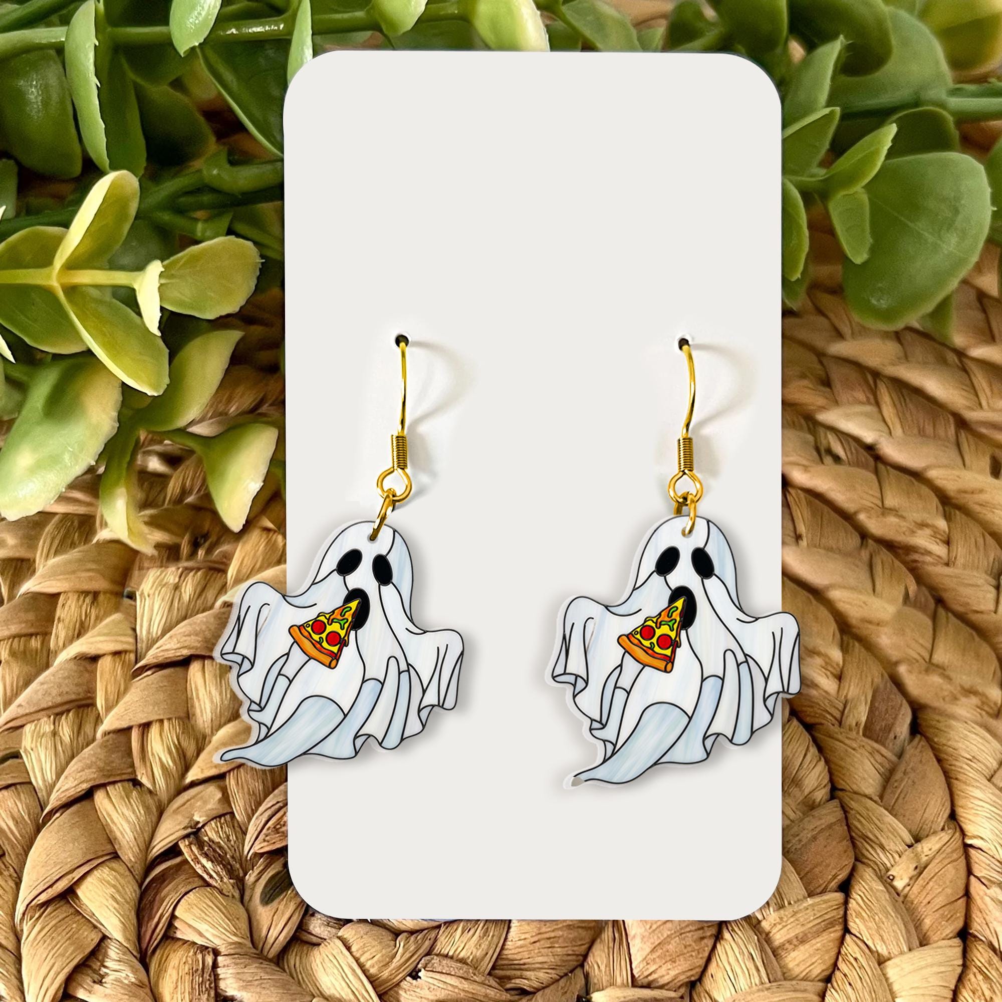 Pizza Ghost Earrings – Cute Spooky Dangle Halloween Earrings for Foodie Fashion, Goth Humor & Quirky Fall Style