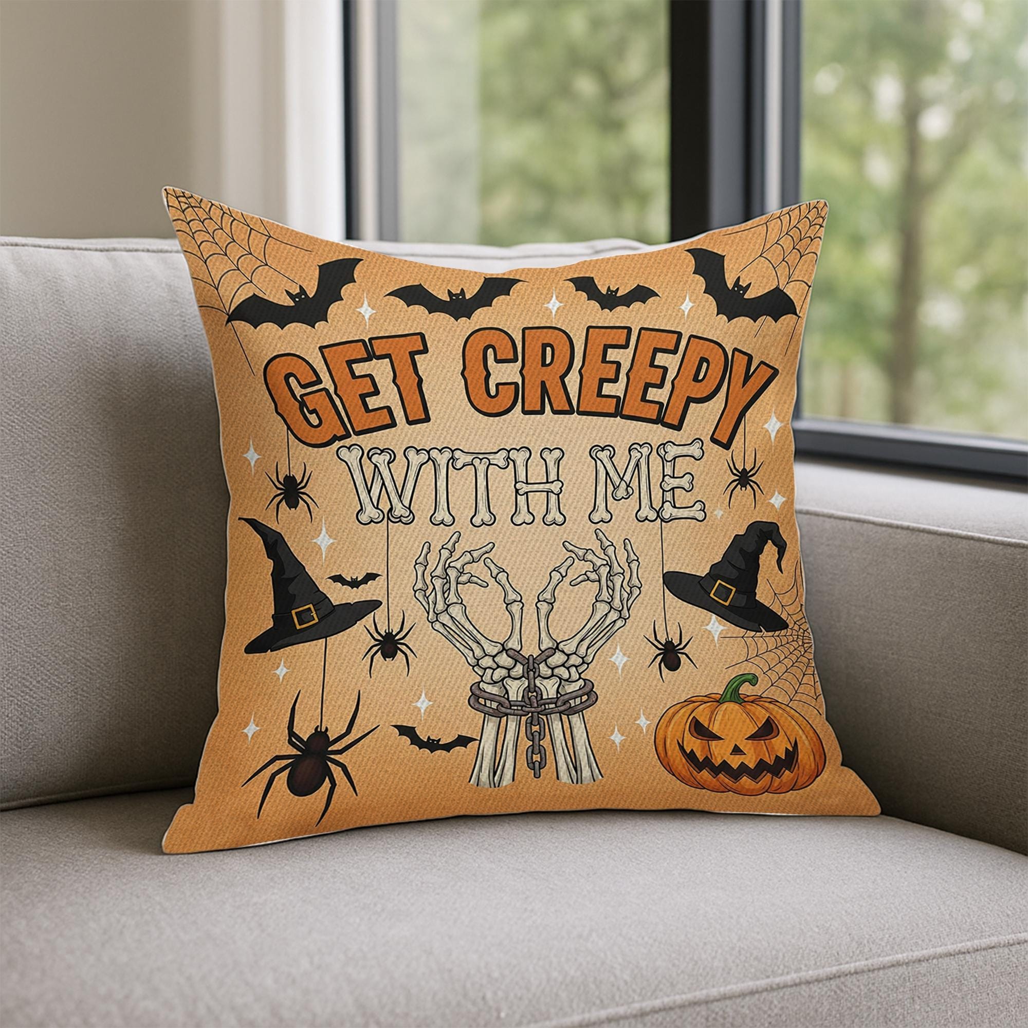 Get Creepy With Me Pillow, Halloween Throw Pillow, Spooky Skeleton Fall Decor, Home Decor