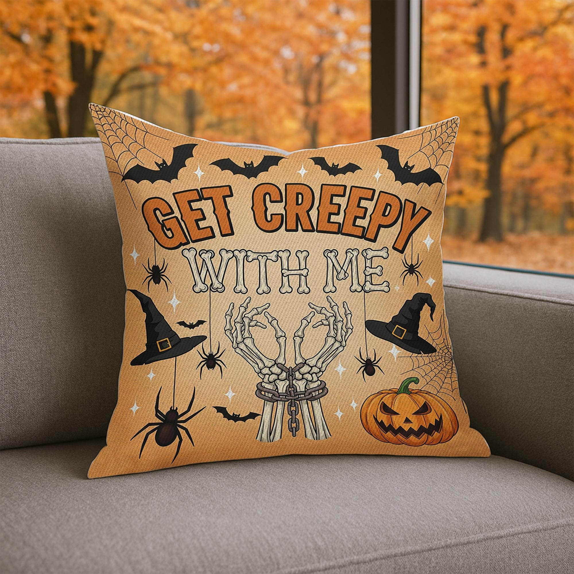 Get Creepy With Me Pillow, Halloween Throw Pillow, Spooky Skeleton Fall Decor, Home Decor