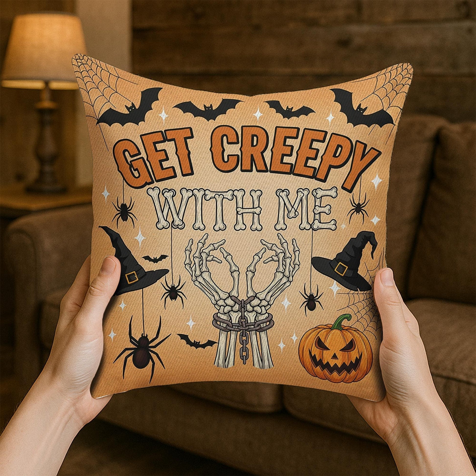 Get Creepy With Me Pillow, Halloween Throw Pillow, Spooky Skeleton Fall Decor, Home Decor