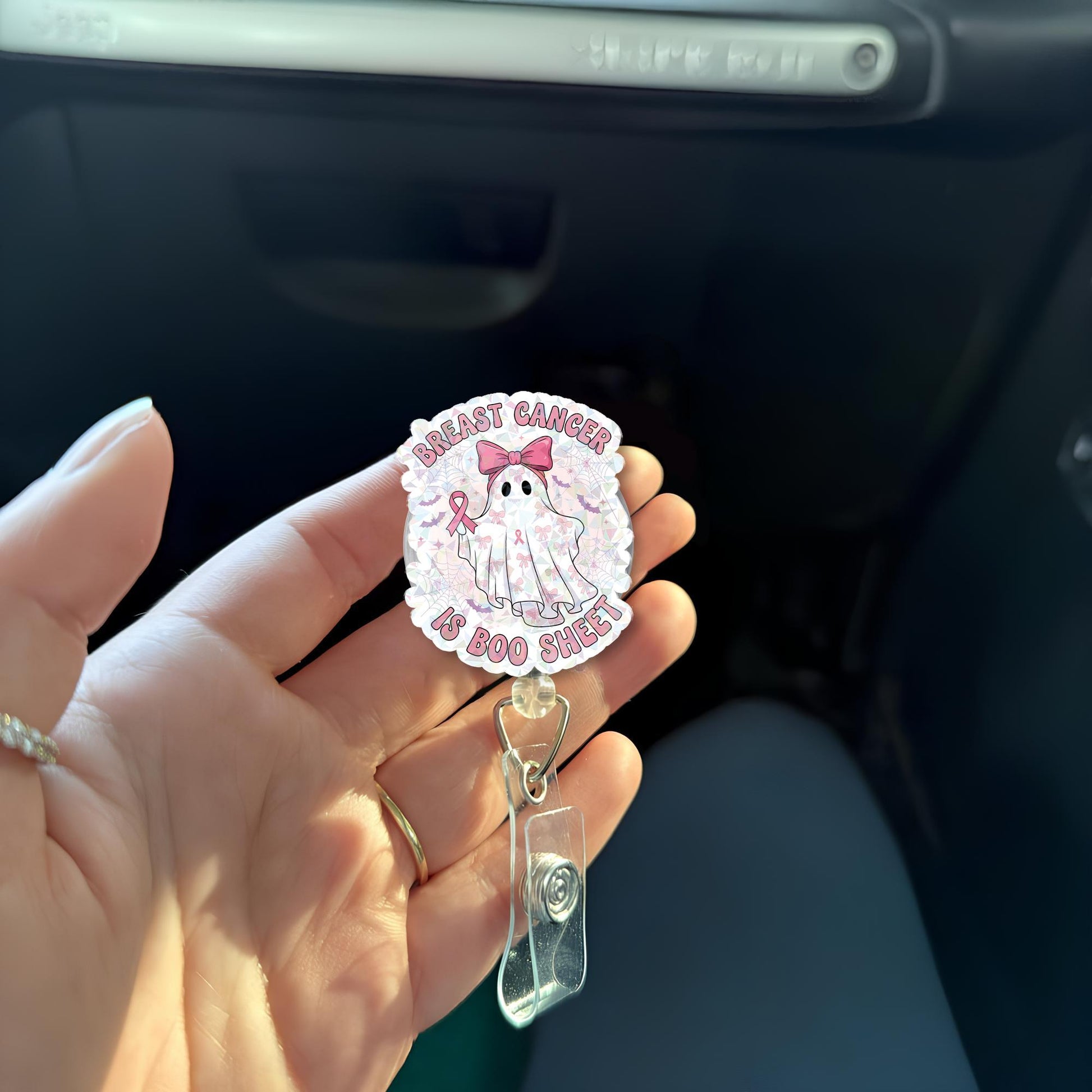 Breast Cancer Awareness Badge Reel – Funny Ghost “Boo Sheet” ID Holder for Nurses, Techs & Healthcare Workers
