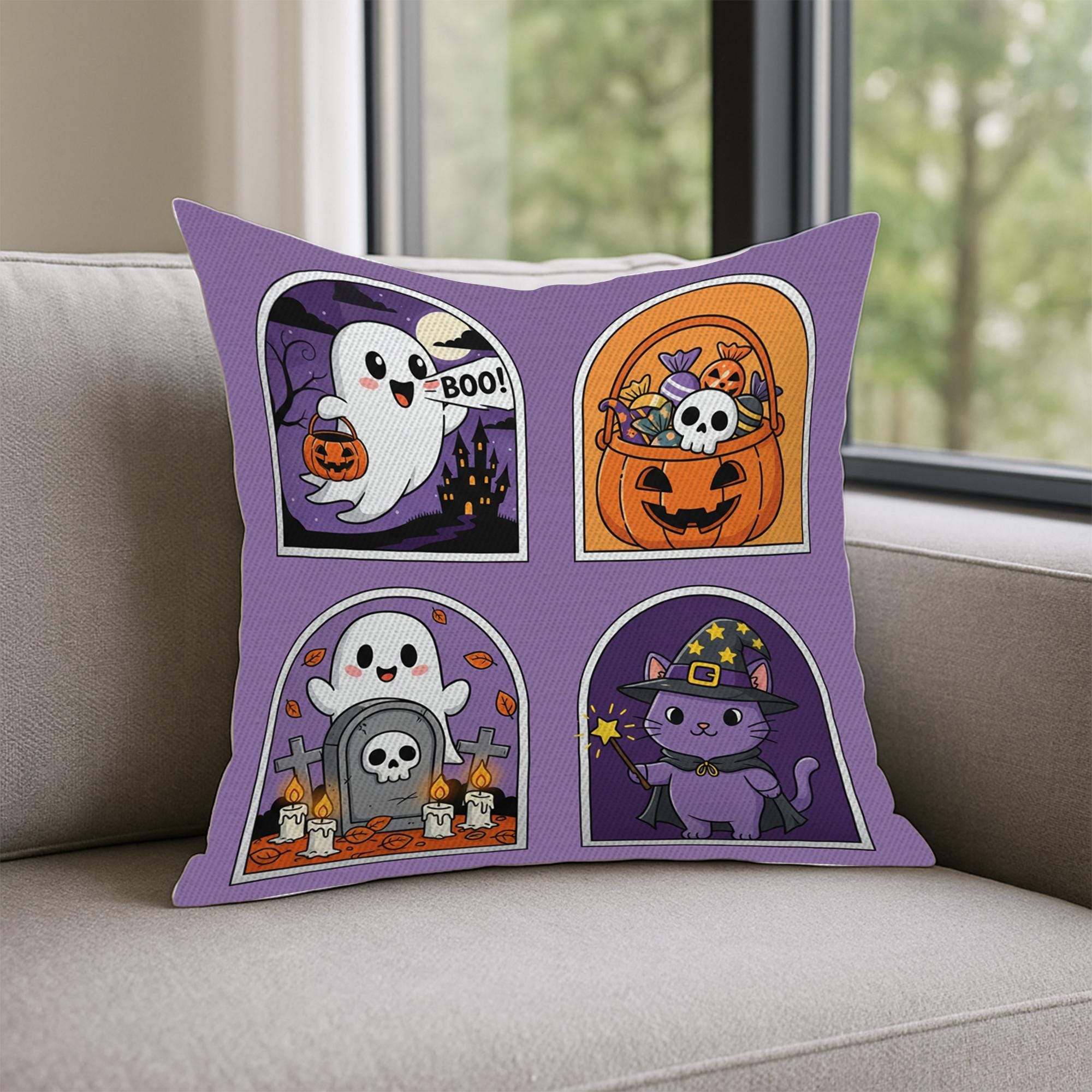 Boo! Halloween Throw Pillow, Cute Ghost and Black Cat Decor, Spooky Fall Home Decor