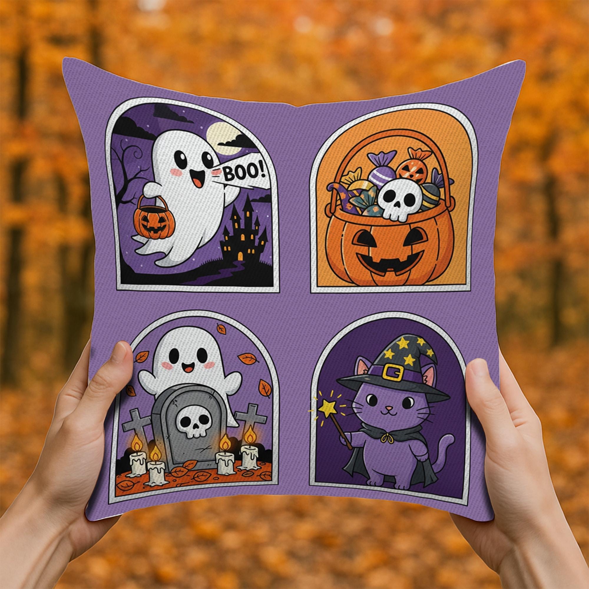 Boo! Halloween Throw Pillow, Cute Ghost and Black Cat Decor, Spooky Fall Home Decor