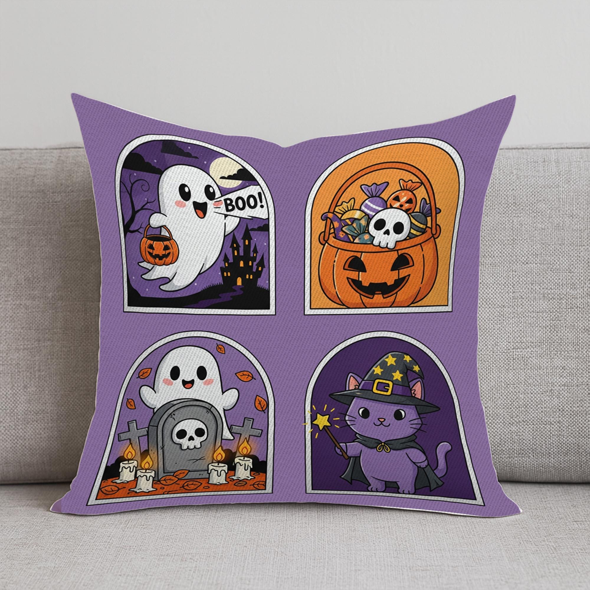 Boo! Halloween Throw Pillow, Cute Ghost and Black Cat Decor, Spooky Fall Home Decor