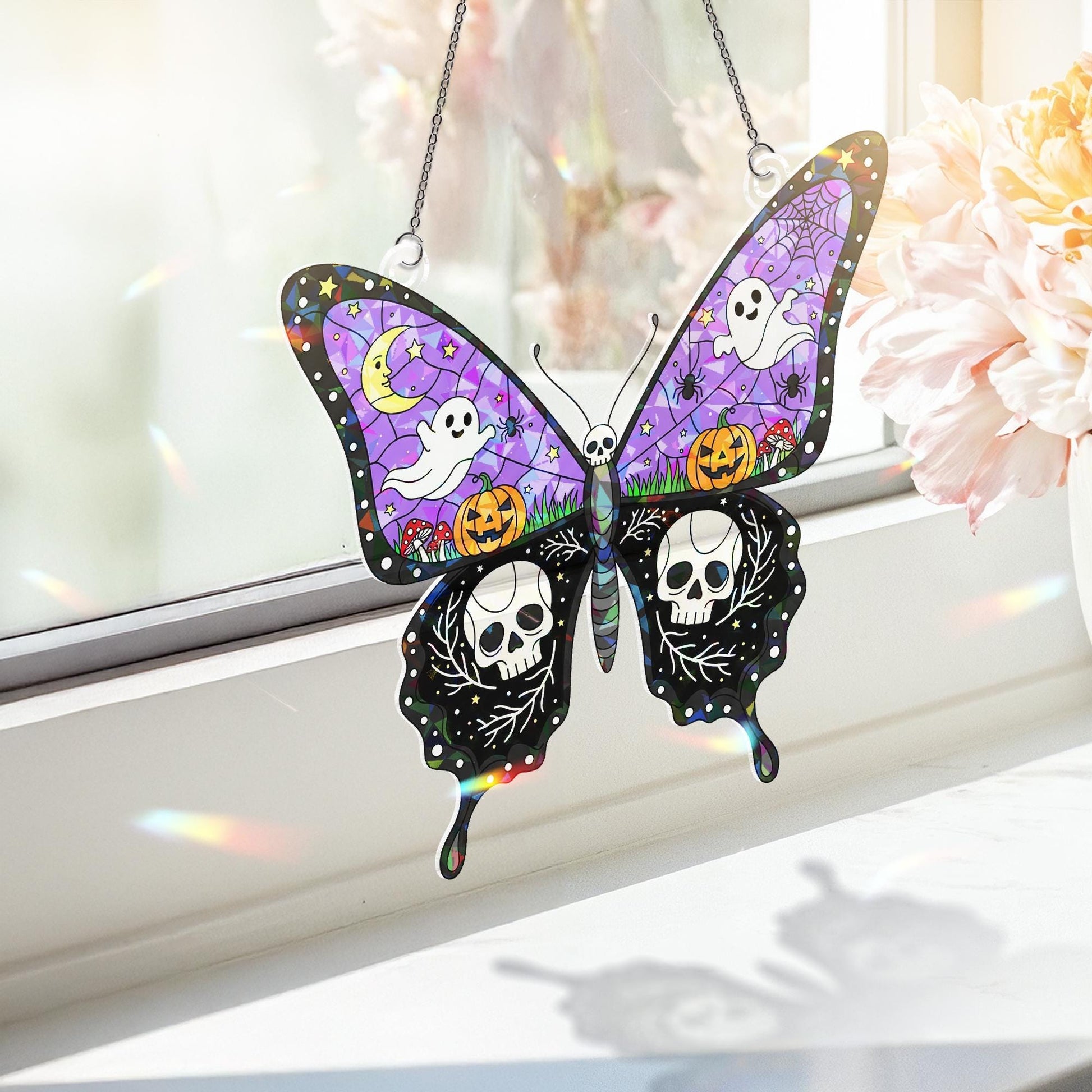 Halloween Butterfly Suncatcher, Spooky Ghost and Skull Decor, Stained Glass Wall Hanging