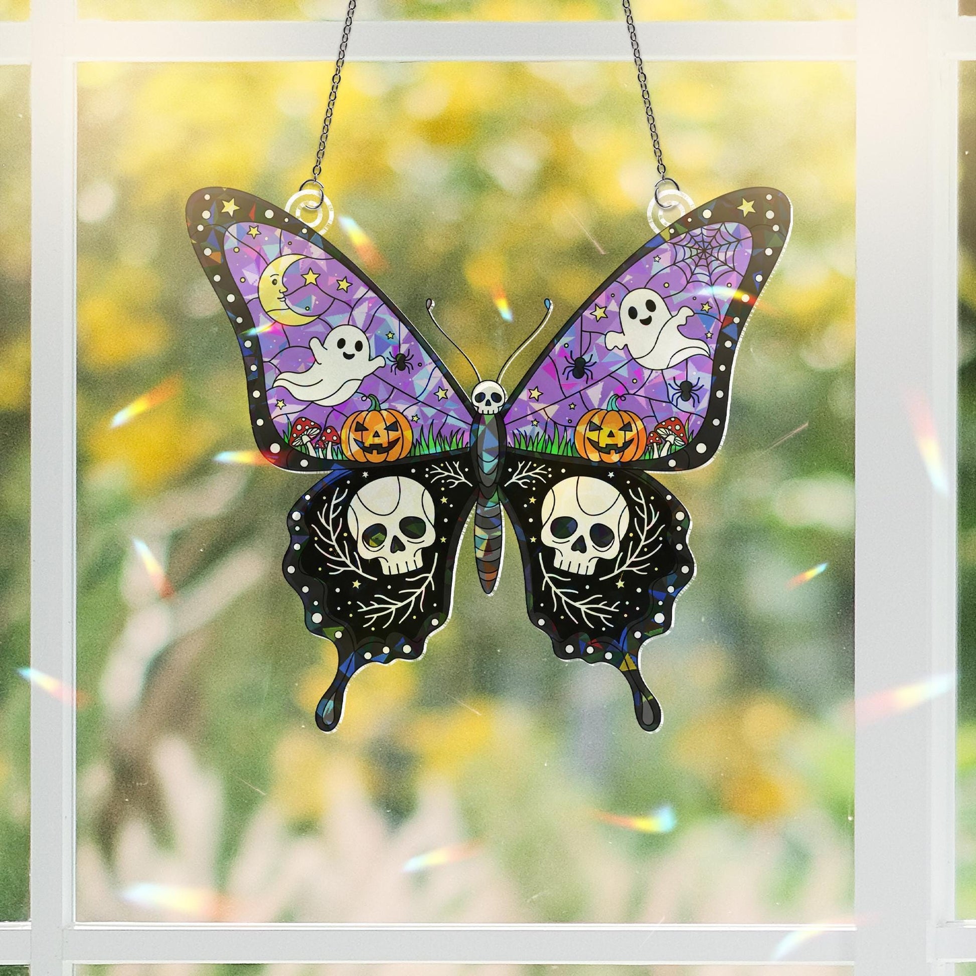 Halloween Butterfly Suncatcher, Spooky Ghost and Skull Decor, Stained Glass Wall Hanging