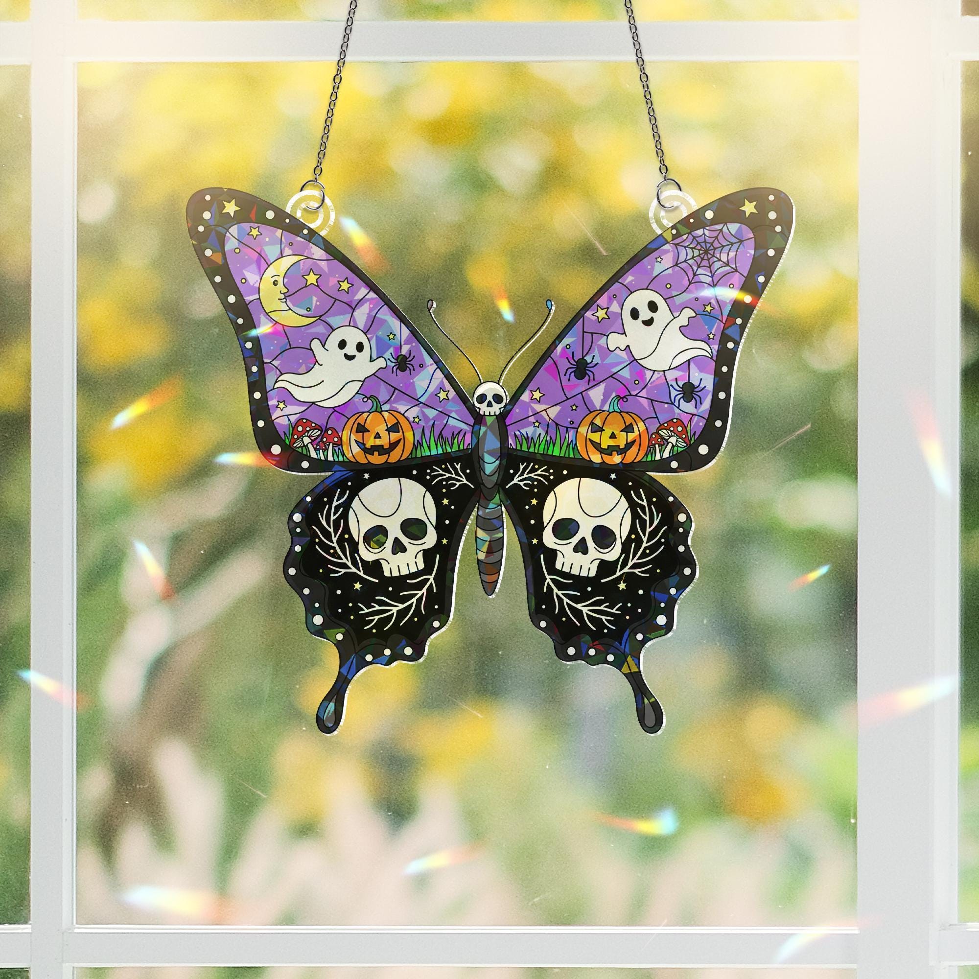 Halloween Butterfly Suncatcher, Spooky Ghost and Skull Decor, Stained Glass Wall Hanging