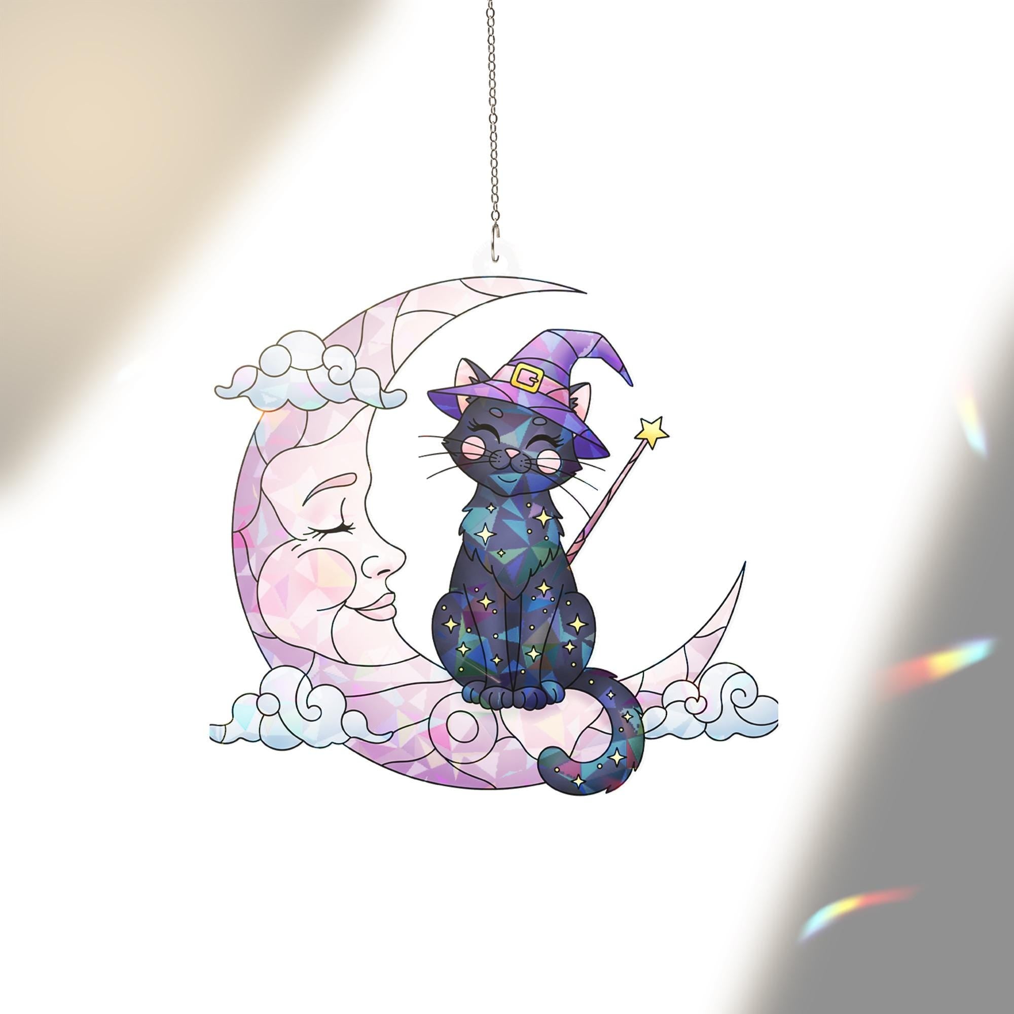 Witch Cat on Moon Suncatcher, Stained Glass Wall Hanging, Kawaii Cat Window Decor, Witchy Decor