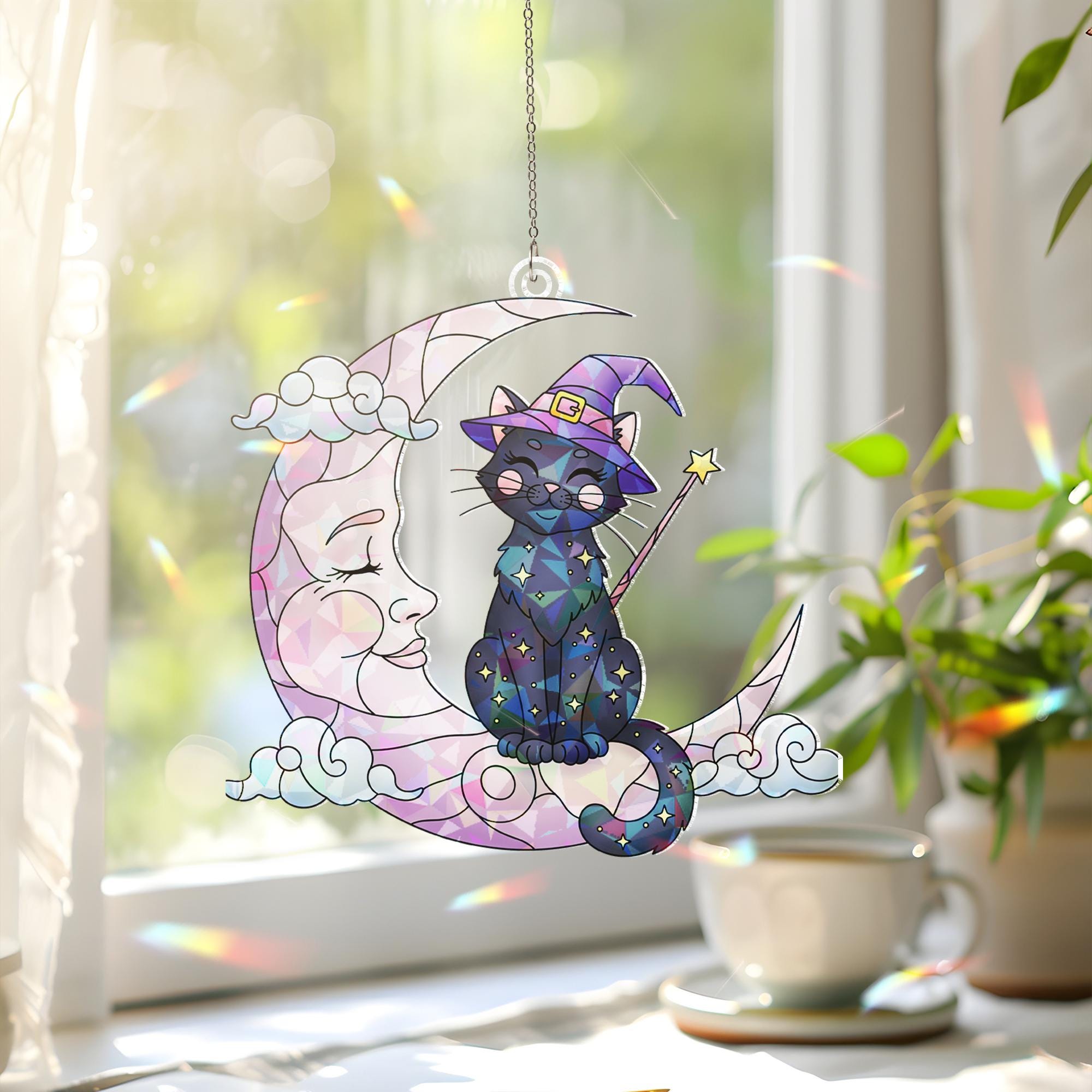 Witch Cat on Moon Suncatcher, Stained Glass Wall Hanging, Kawaii Cat Window Decor, Witchy Decor