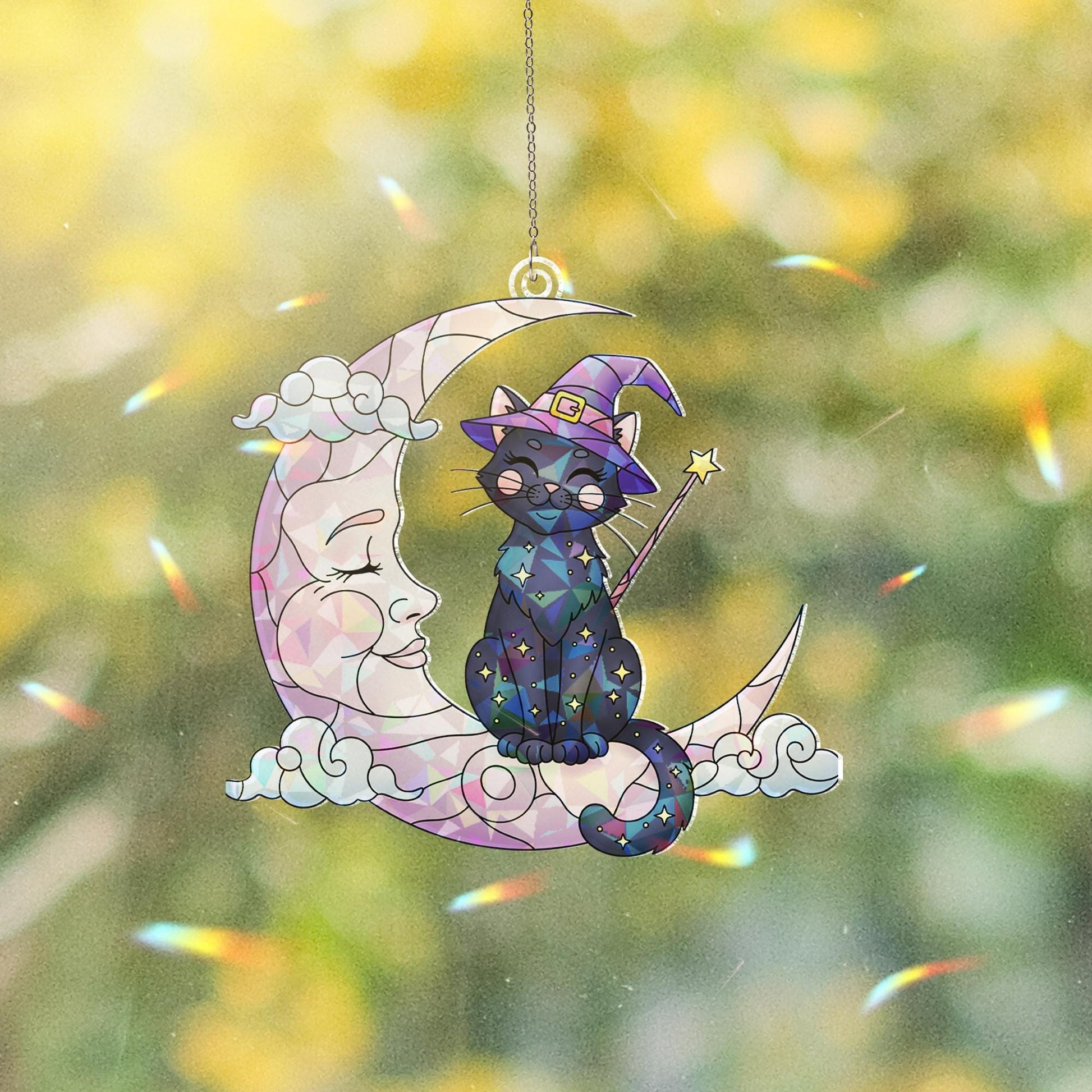 Witch Cat on Moon Suncatcher, Stained Glass Wall Hanging, Kawaii Cat Window Decor, Witchy Decor