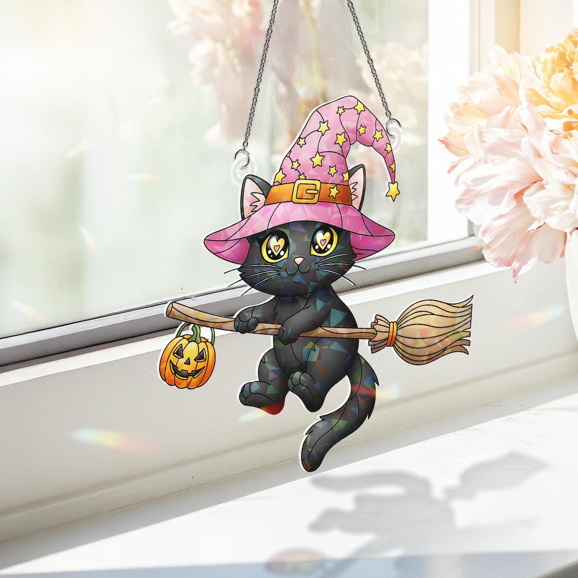 Black Cat Witch Suncatcher, Kawaii Halloween Decor, Stained Glass Wall Hanging, Cat Lover Gift