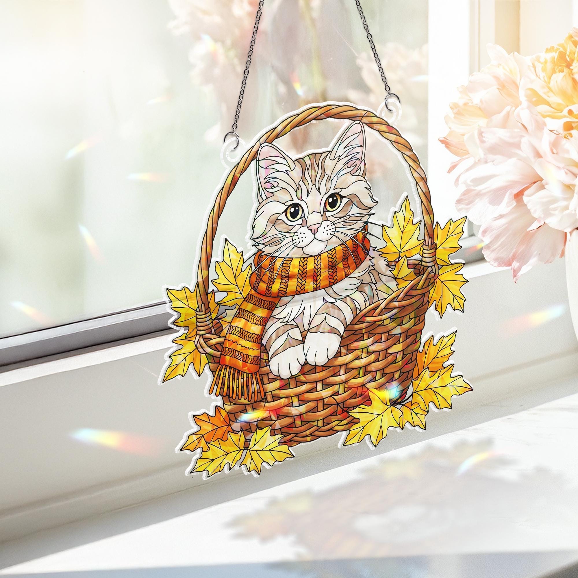 Autumn Cat Suncatcher, Fall Decor, Stained Glass Wall Hanging, Cat Lover Gift, Fall Leaves Decor