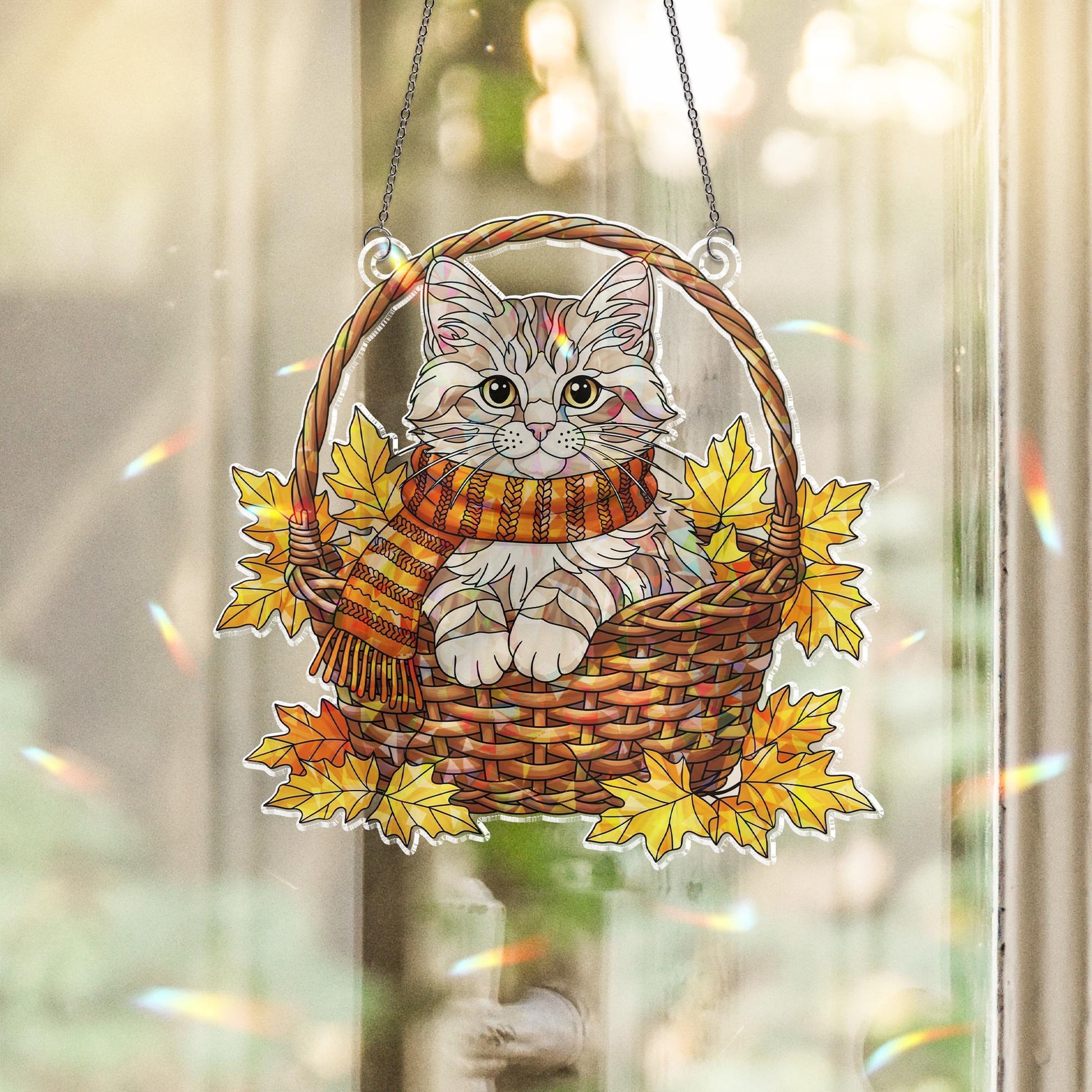 Autumn Cat Suncatcher, Fall Decor, Stained Glass Wall Hanging, Cat Lover Gift, Fall Leaves Decor