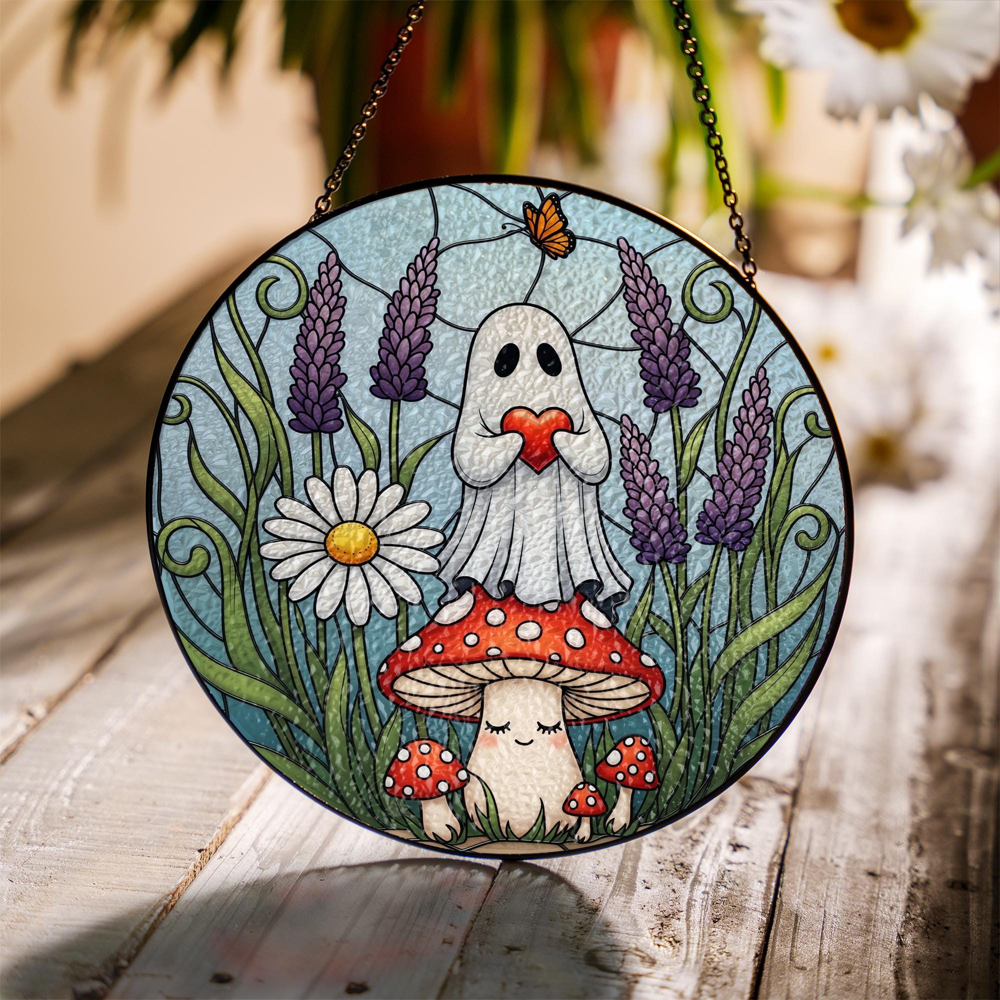 Ghost Mushroom Glass Suncatcher – Cottagecore Glass Window Decor with Flowers, Lavender & Heart Ghost