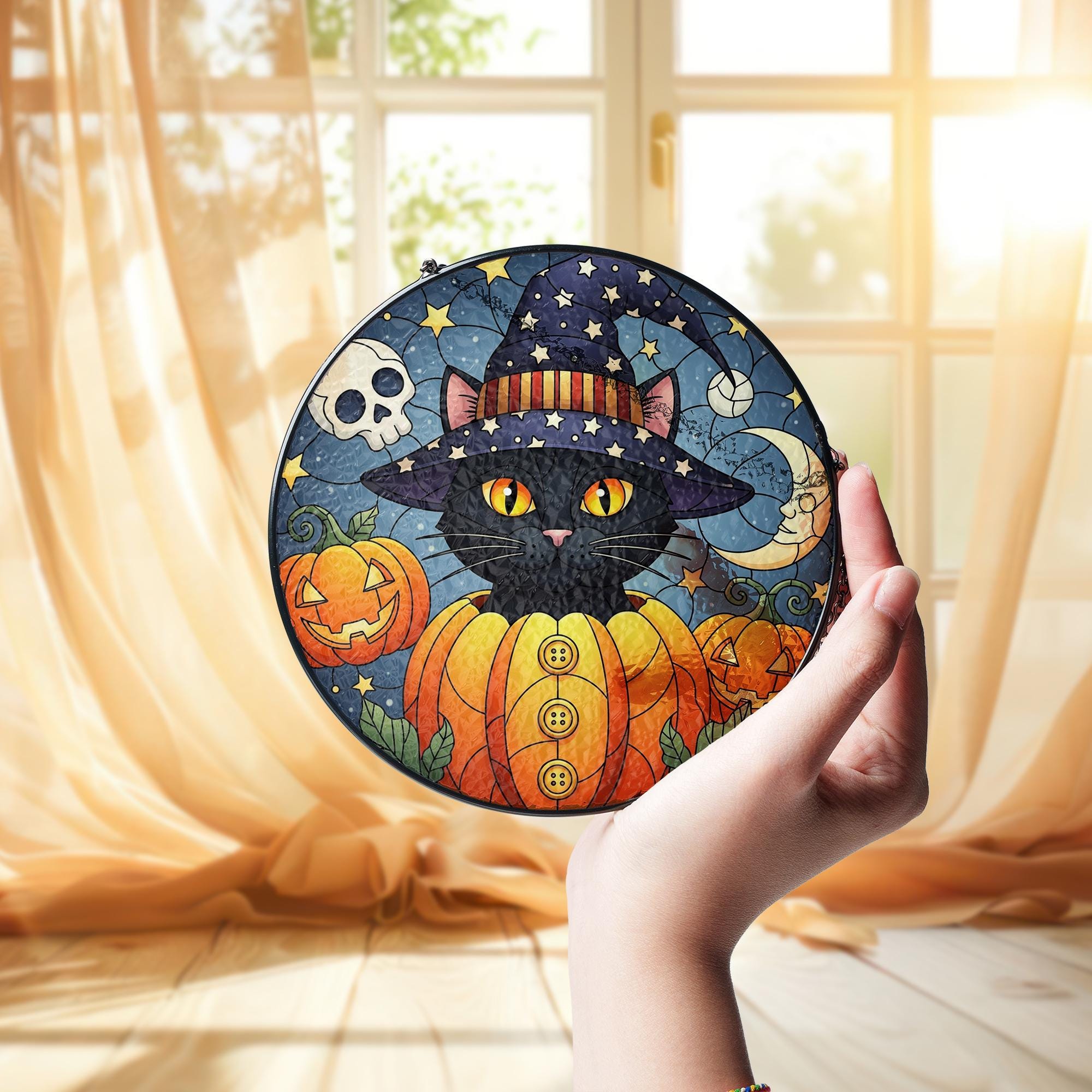 Halloween Black Cat Glass Suncatcher – Witchy Window Decor with Pumpkins, Moon & Stars for Spooky Season Charm