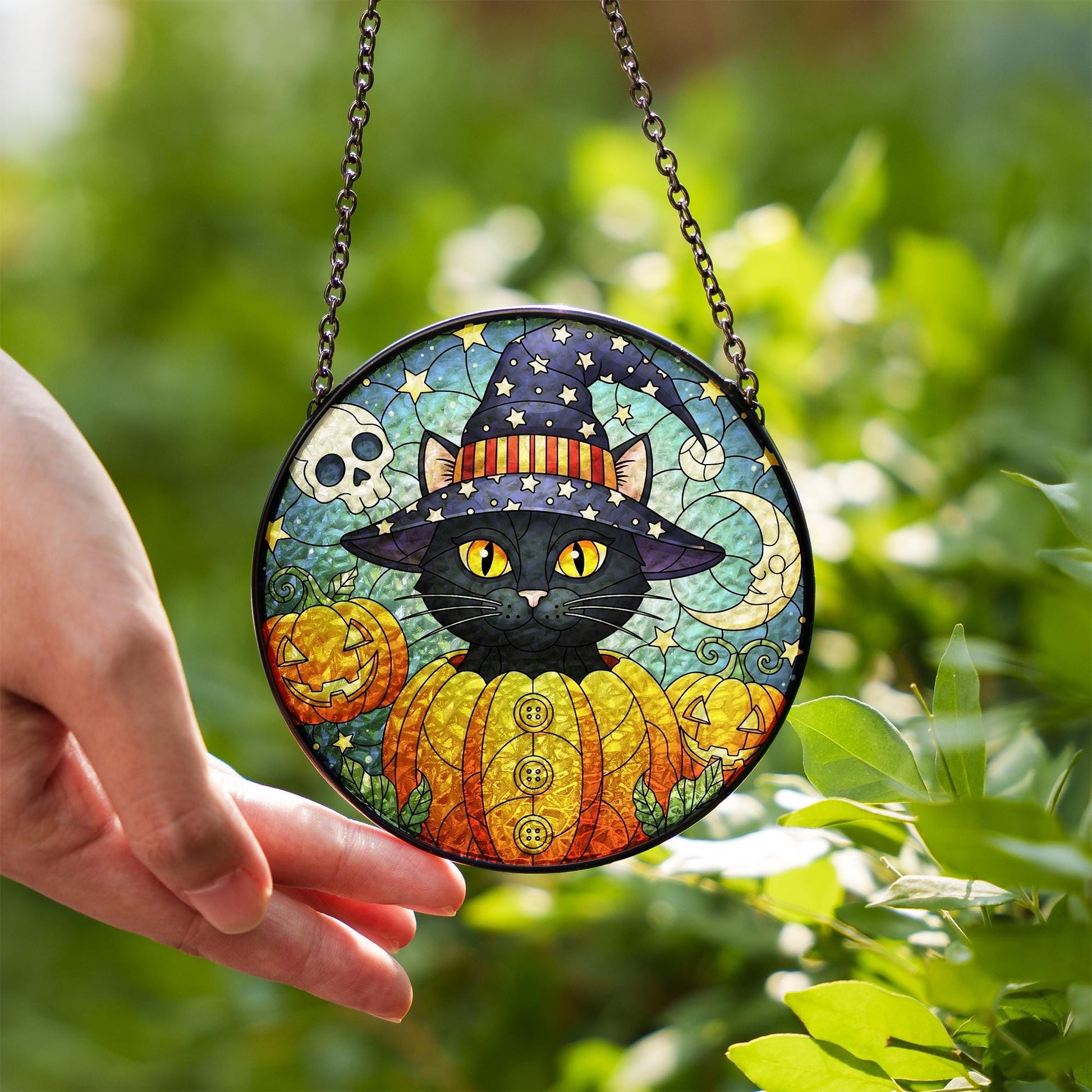 Halloween Black Cat Glass Suncatcher – Witchy Window Decor with Pumpkins, Moon & Stars for Spooky Season Charm