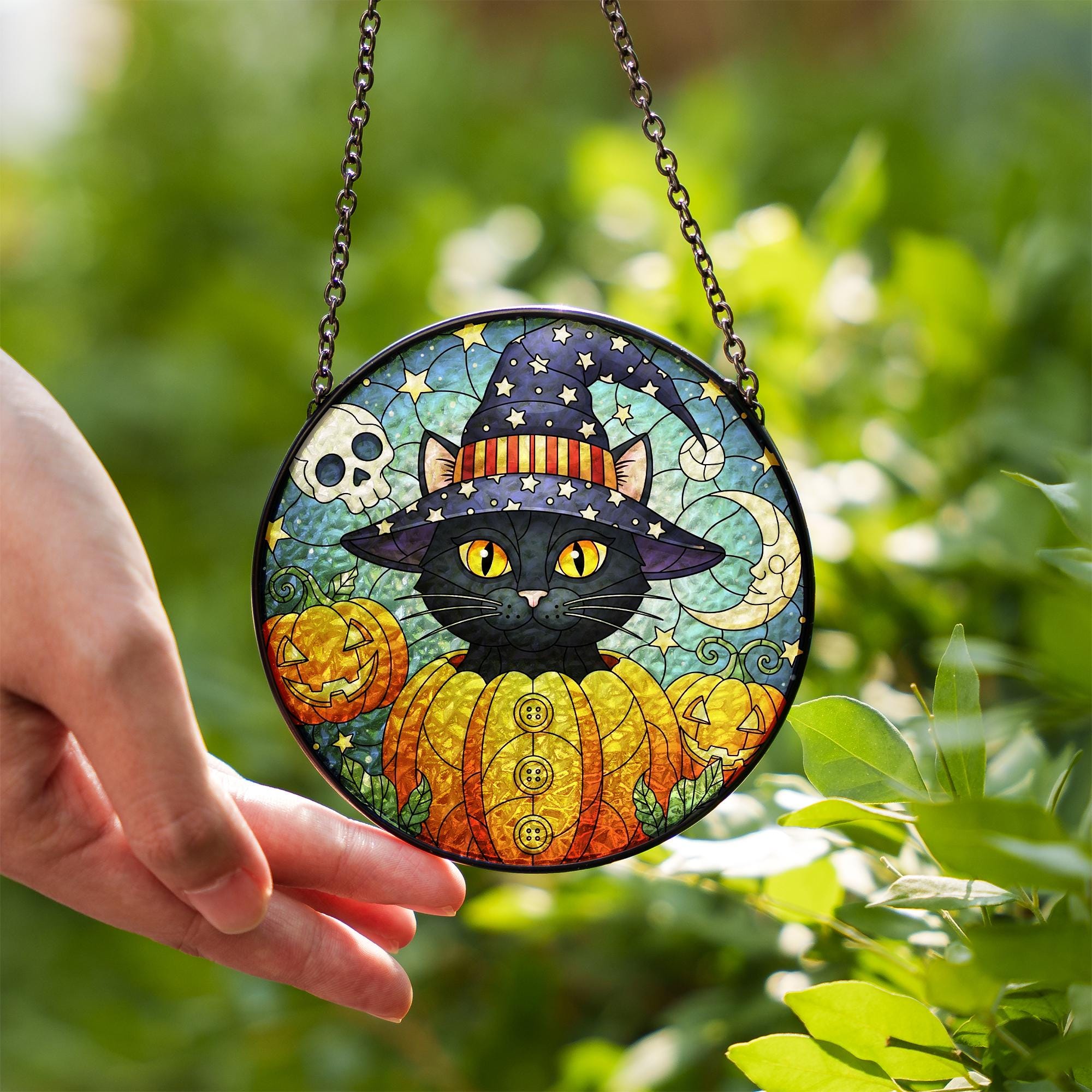 Halloween Black Cat Glass Suncatcher – Witchy Window Decor with Pumpkins, Moon & Stars for Spooky Season Charm
