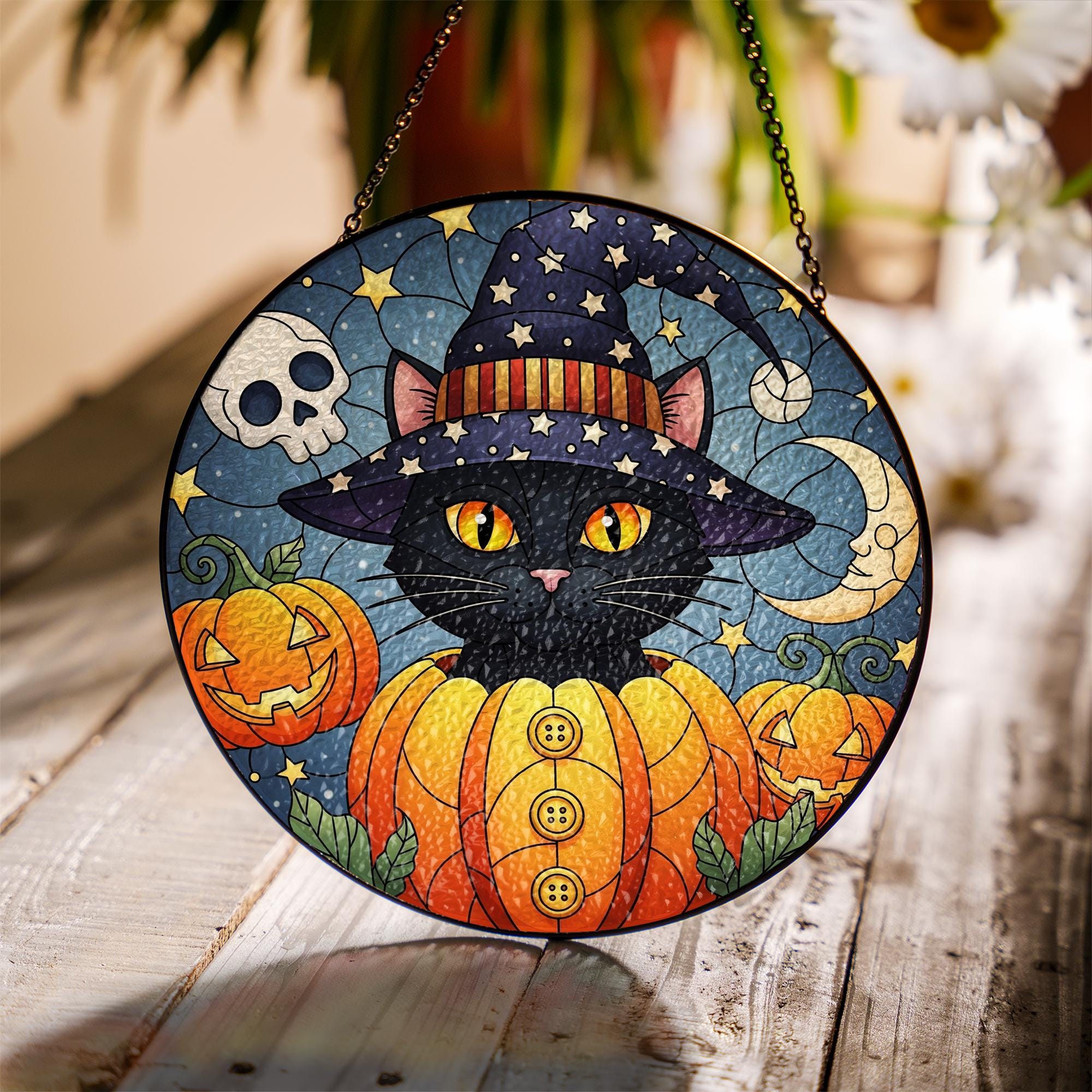 Halloween Black Cat Glass Suncatcher – Witchy Window Decor with Pumpkins, Moon & Stars for Spooky Season Charm