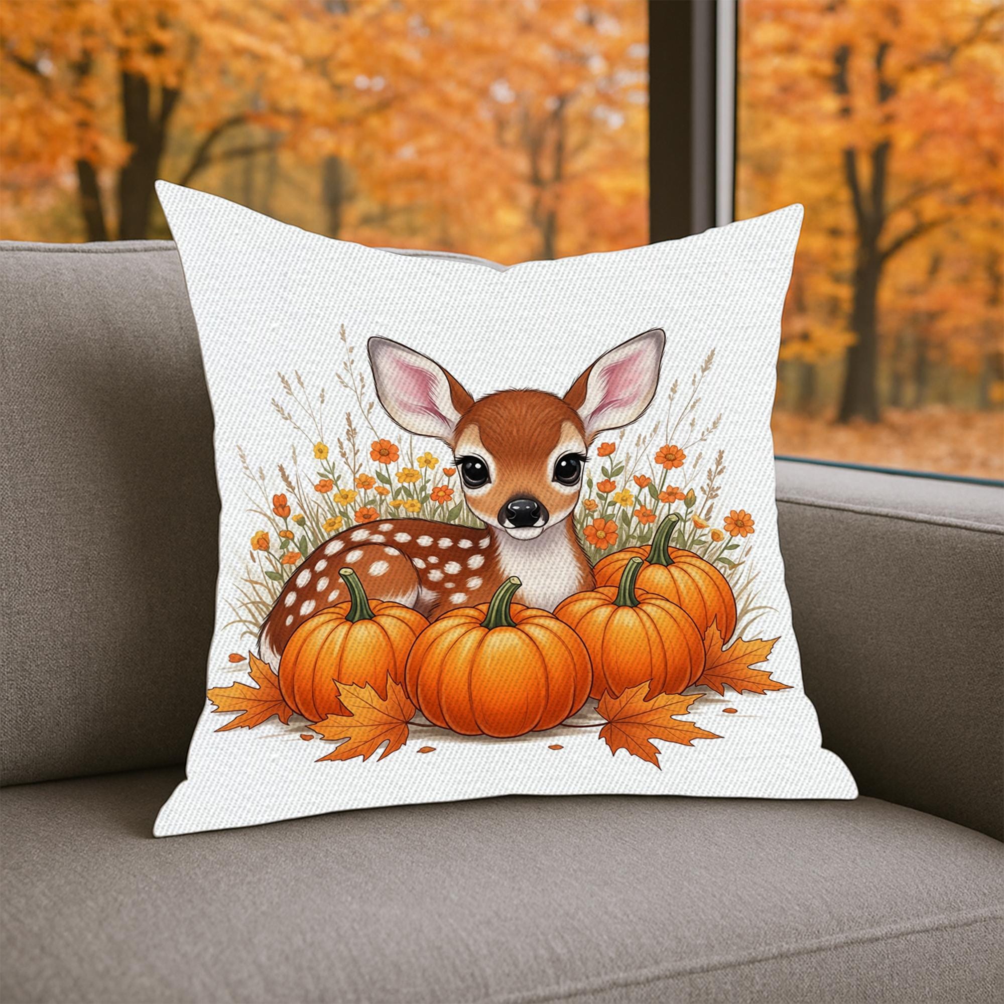 Cute Fall Deer Pumpkin Pillow Cover - Autumn Throw Pillow - Woodland Nursery Decor - Thanksgiving Cushion - Cozy Farmhouse Accent