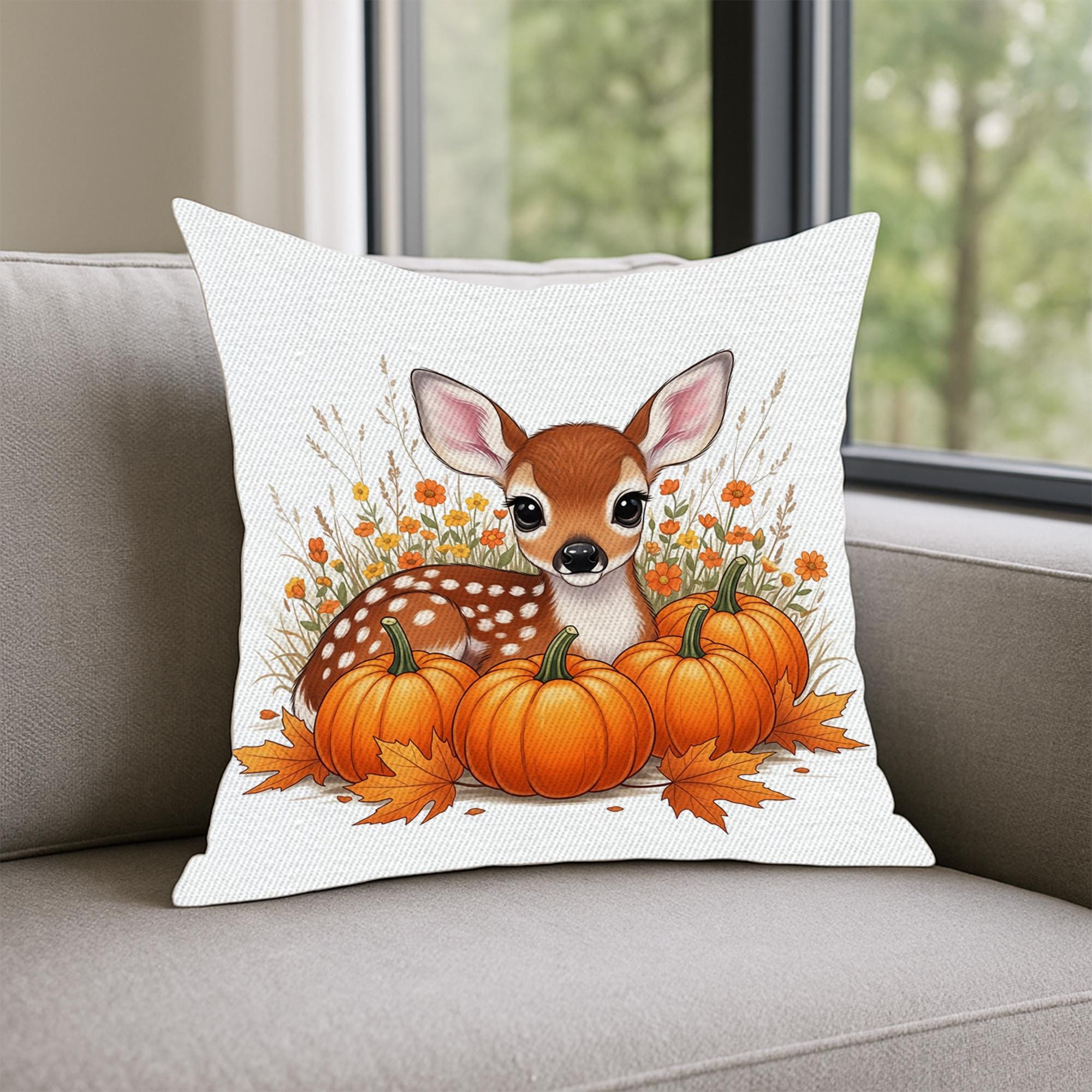 Cute Fall Deer Pumpkin Pillow Cover - Autumn Throw Pillow - Woodland Nursery Decor - Thanksgiving Cushion - Cozy Farmhouse Accent