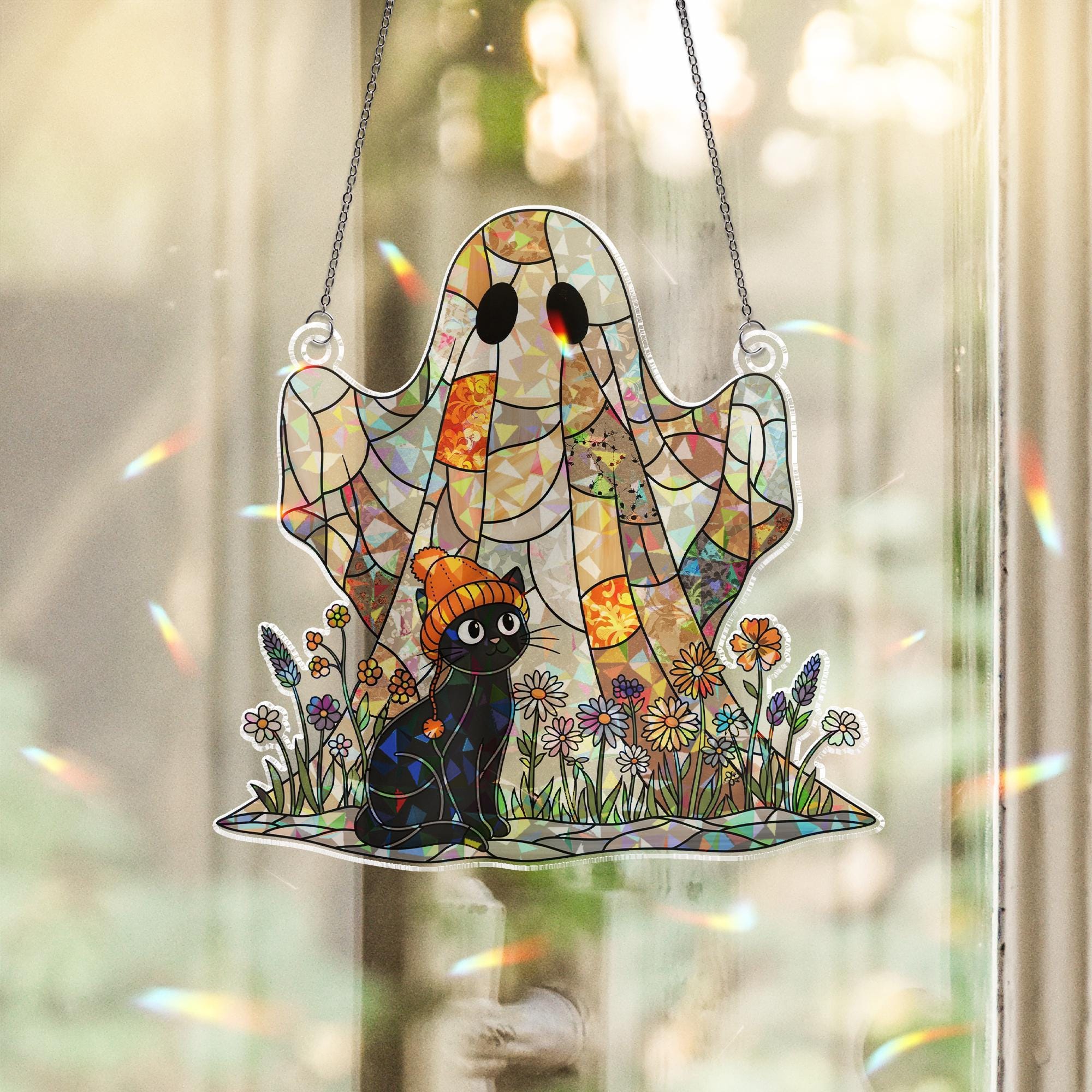 Ghost and Black Cat Suncatcher, Spooky Halloween Decor, Stained Glass Wall Hanging, Fall Decor