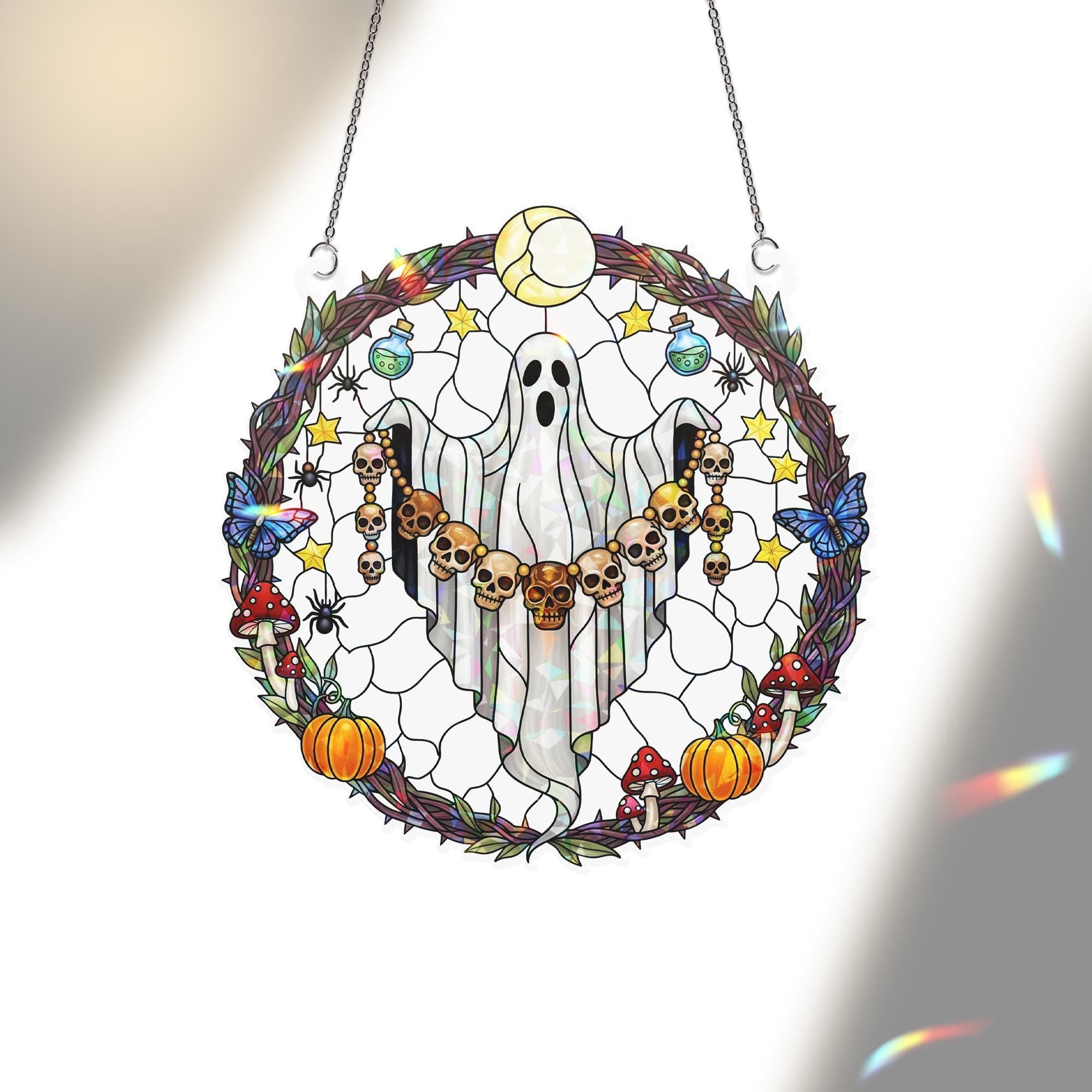 Ghost Skull Wreath Suncatcher – Holographic Acrylic Halloween Window Decor with Mushrooms, Pumpkins & Gothic Vibes