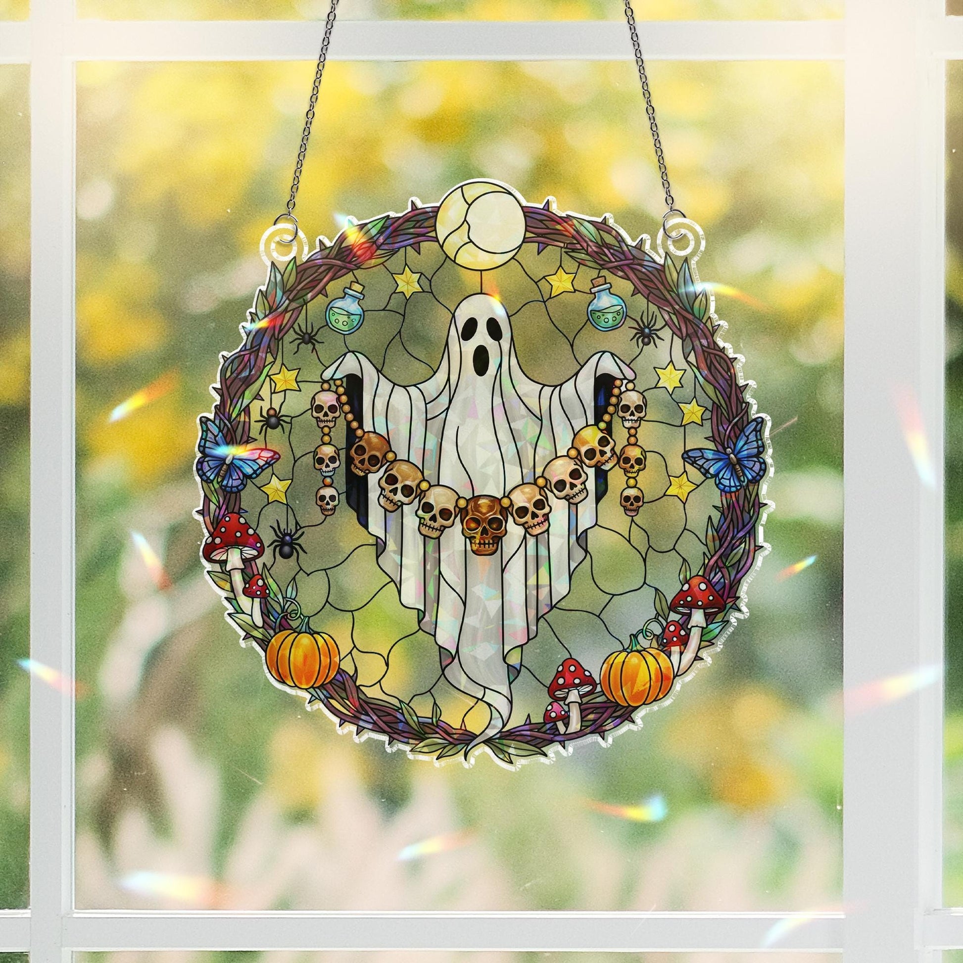 Ghost Skull Wreath Suncatcher – Holographic Acrylic Halloween Window Decor with Mushrooms, Pumpkins & Gothic Vibes