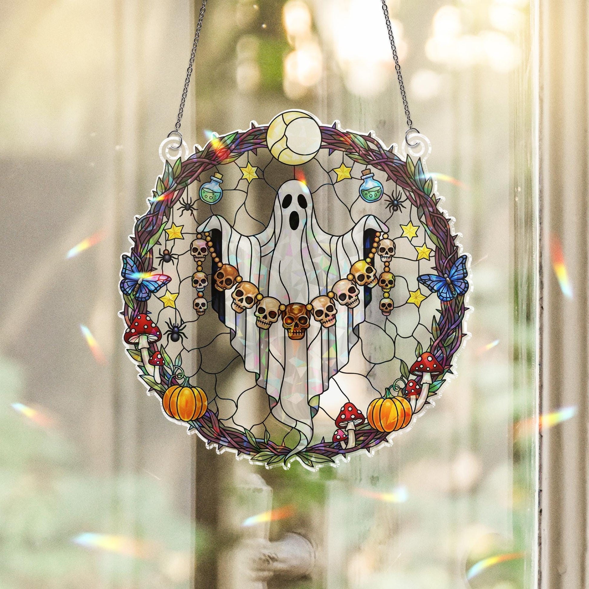 Ghost Skull Wreath Suncatcher – Holographic Acrylic Halloween Window Decor with Mushrooms, Pumpkins & Gothic Vibes