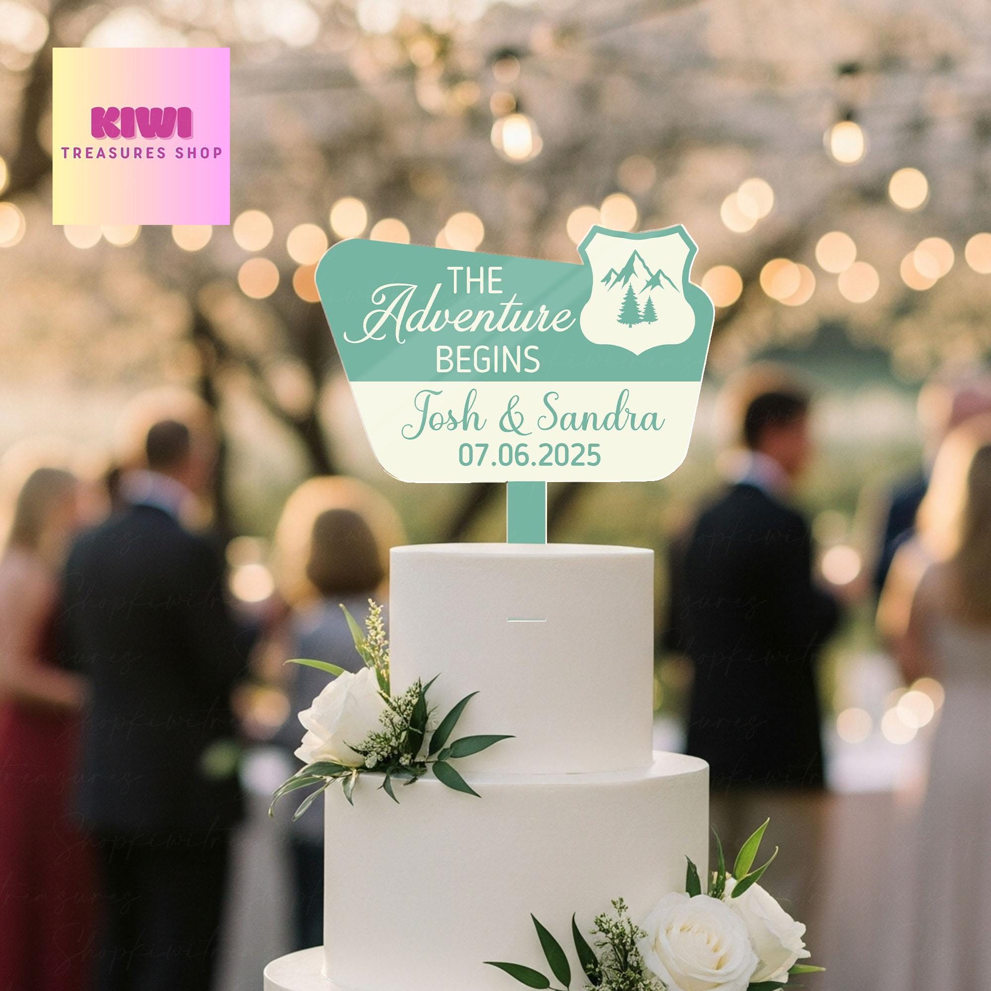 The Adventure Begins Cake Topper – Custom Wedding Cake Topper with Names & Date for Outdoor, Travel, or Mountain Weddings