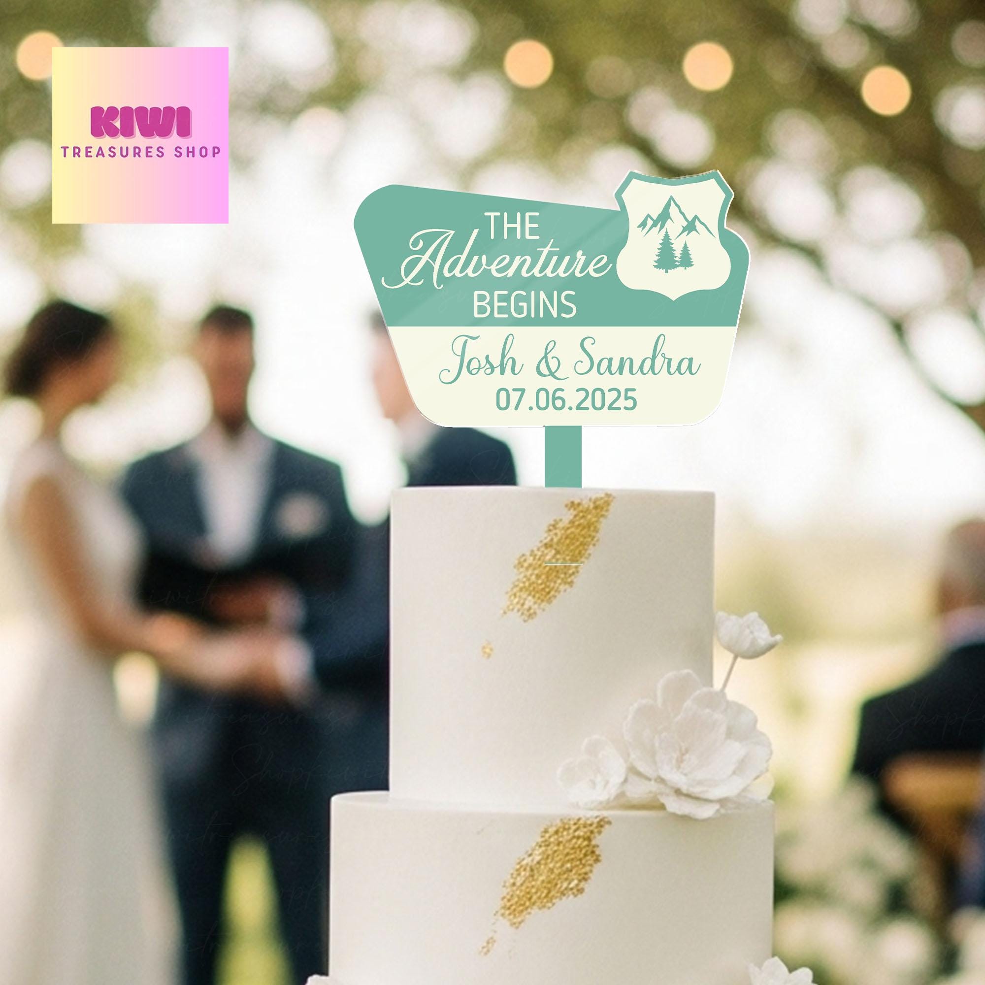 The Adventure Begins Cake Topper – Custom Wedding Cake Topper with Names & Date for Outdoor, Travel, or Mountain Weddings