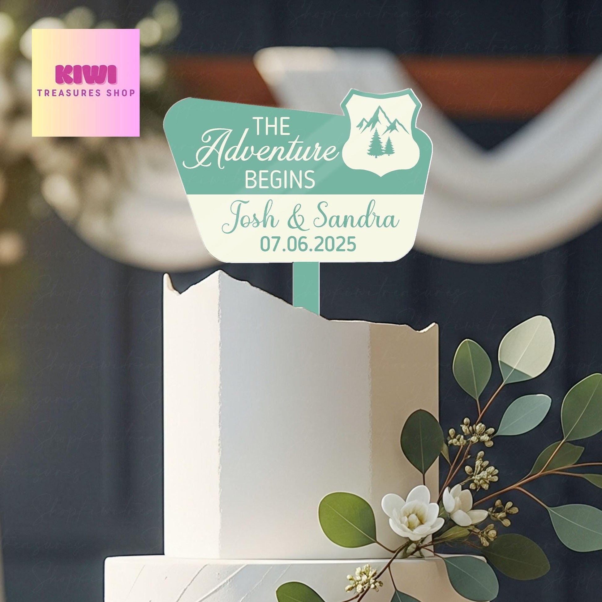 The Adventure Begins Cake Topper – Custom Wedding Cake Topper with Names & Date for Outdoor, Travel, or Mountain Weddings