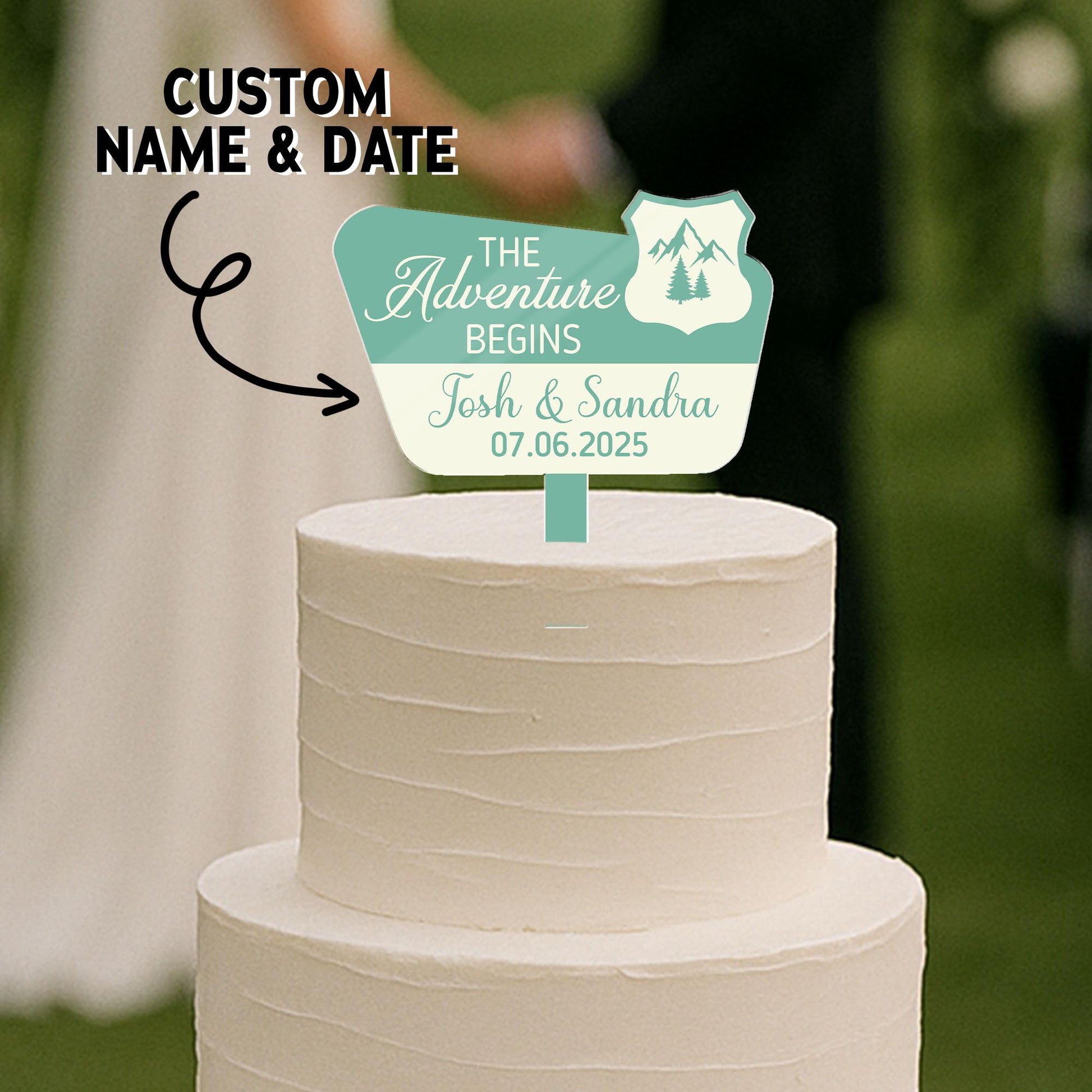The Adventure Begins Cake Topper – Custom Wedding Cake Topper with Names & Date for Outdoor, Travel, or Mountain Weddings