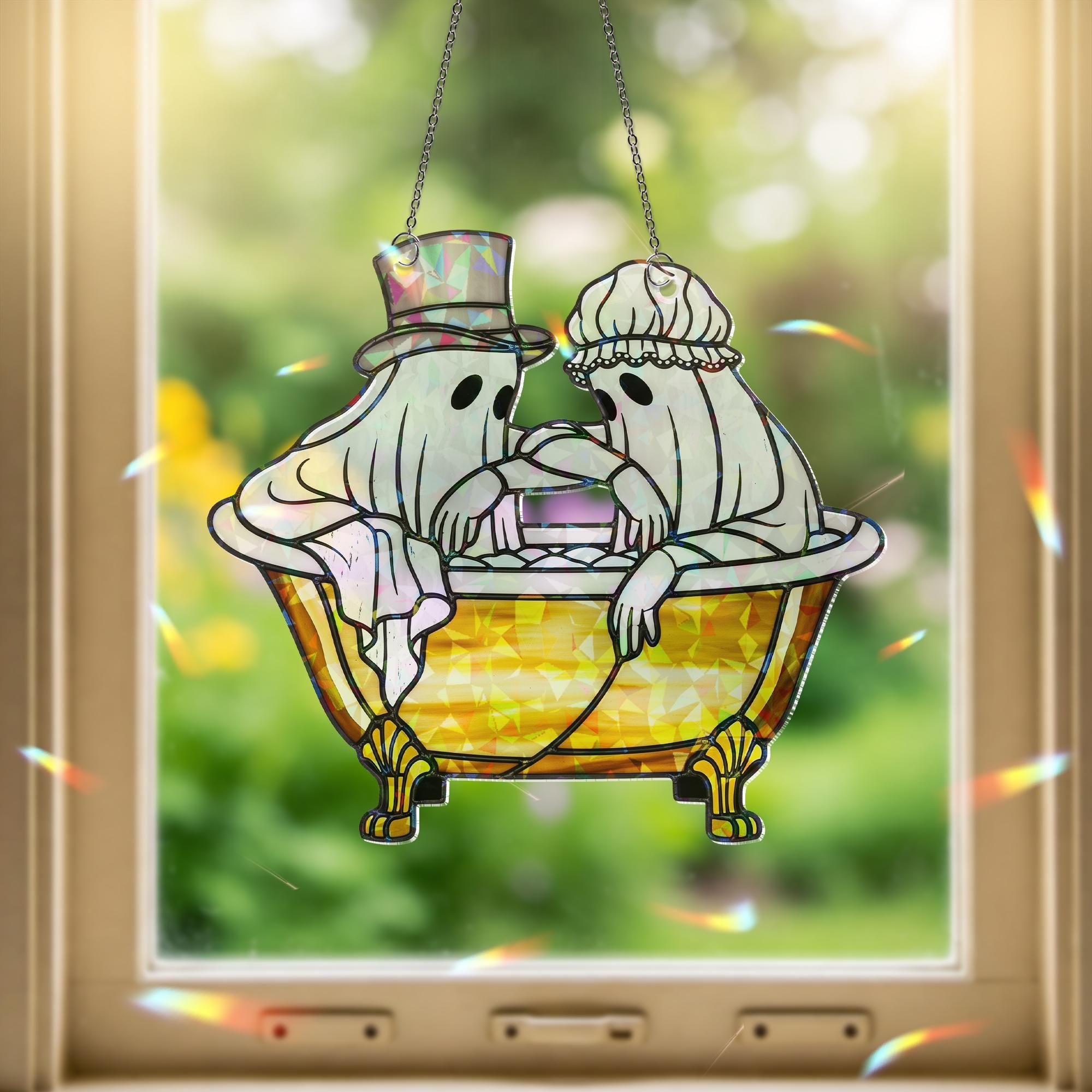 Victorian Ghost Bathtub Suncatcher – Holographic Acrylic Halloween Window Decor with Spooky Romantic Ghost Couple