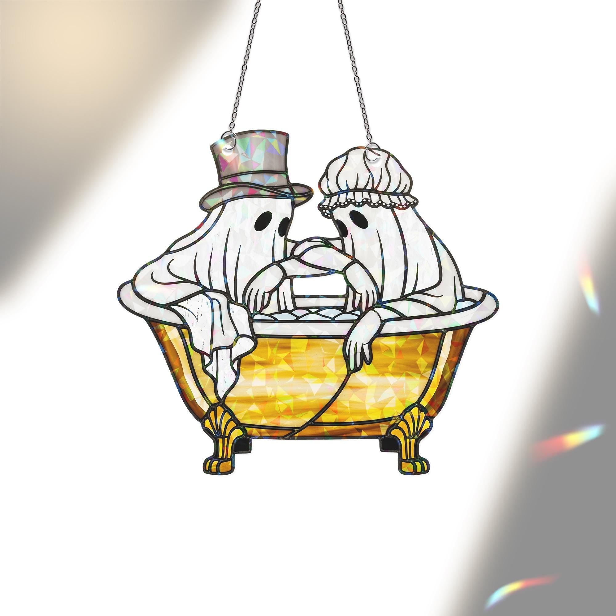 Victorian Ghost Bathtub Suncatcher – Holographic Acrylic Halloween Window Decor with Spooky Romantic Ghost Couple