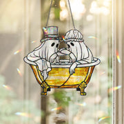 Victorian Ghost Bathtub Suncatcher – Holographic Acrylic Halloween Window Decor with Spooky Romantic Ghost Couple
