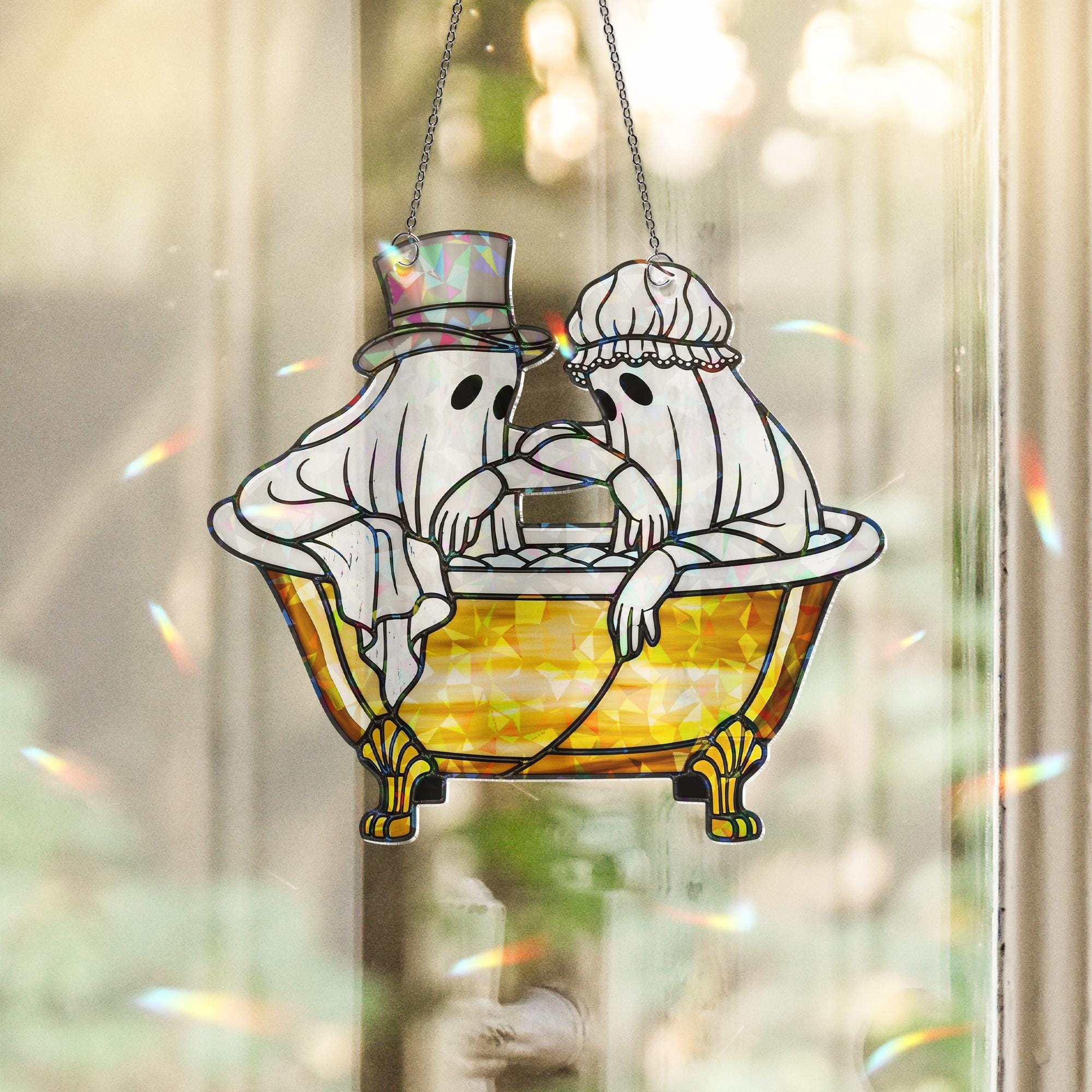 Victorian Ghost Bathtub Suncatcher – Holographic Acrylic Halloween Window Decor with Spooky Romantic Ghost Couple