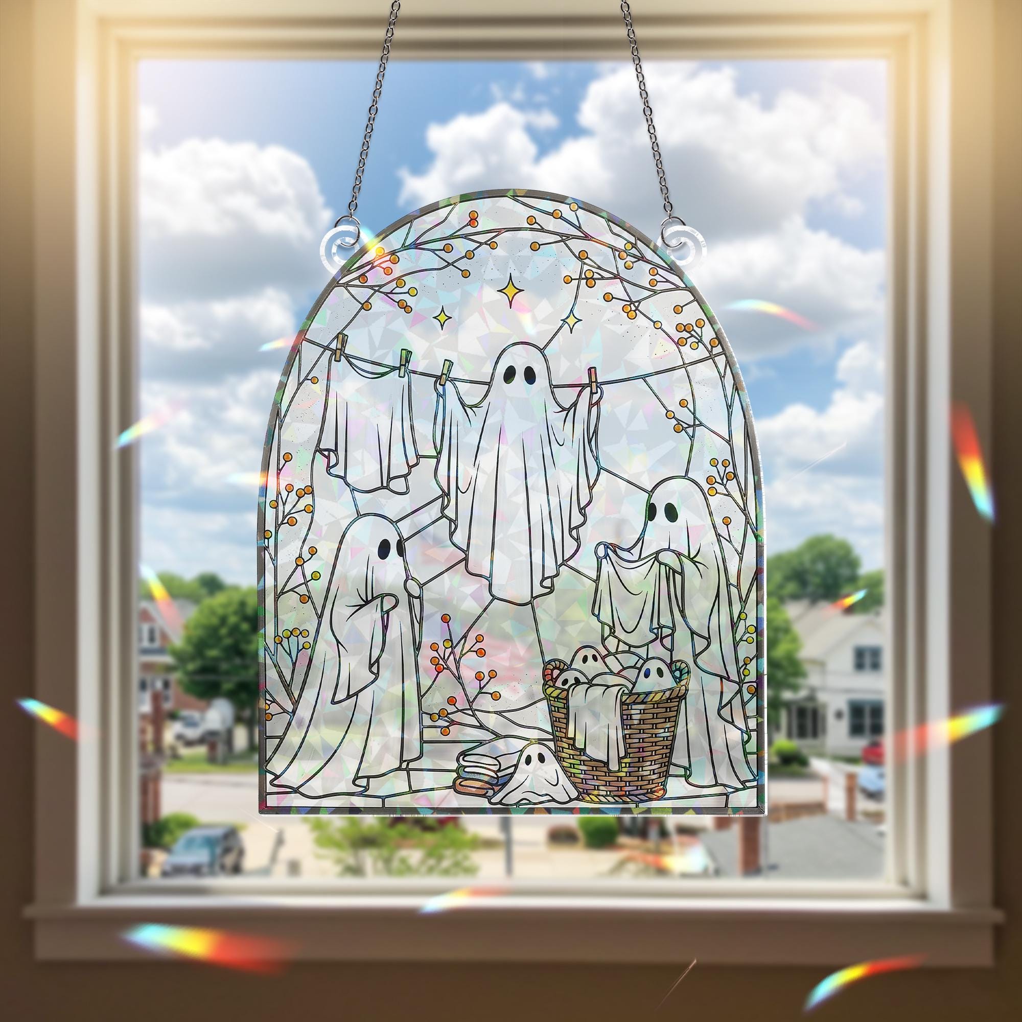 Ghost Laundry Suncatcher – Holographic Acrylic Halloween Window Decor for Laundry Room, Spooky Cute Hanging Art