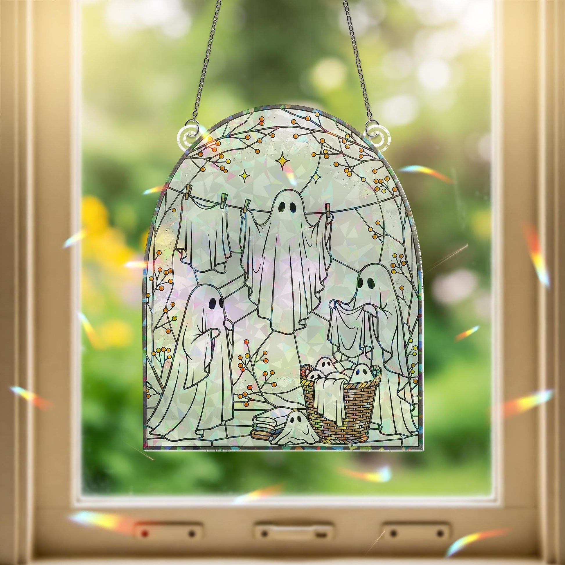 Ghost Laundry Suncatcher – Holographic Acrylic Halloween Window Decor for Laundry Room, Spooky Cute Hanging Art