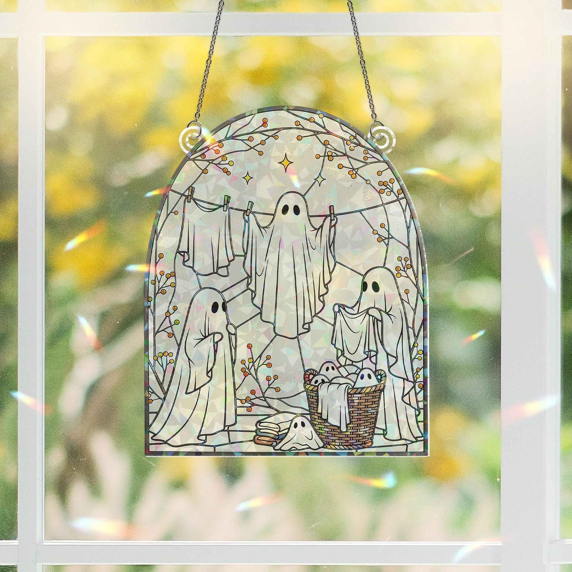 Ghost Laundry Suncatcher – Holographic Acrylic Halloween Window Decor for Laundry Room, Spooky Cute Hanging Art