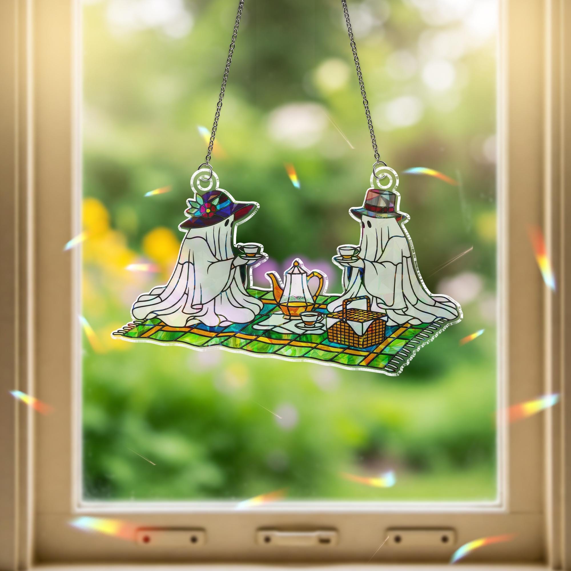 Ghost Picnic Suncatcher – Holographic Acrylic Tea Party Window Decor with Cute Spooky Couple on Plaid Blanket