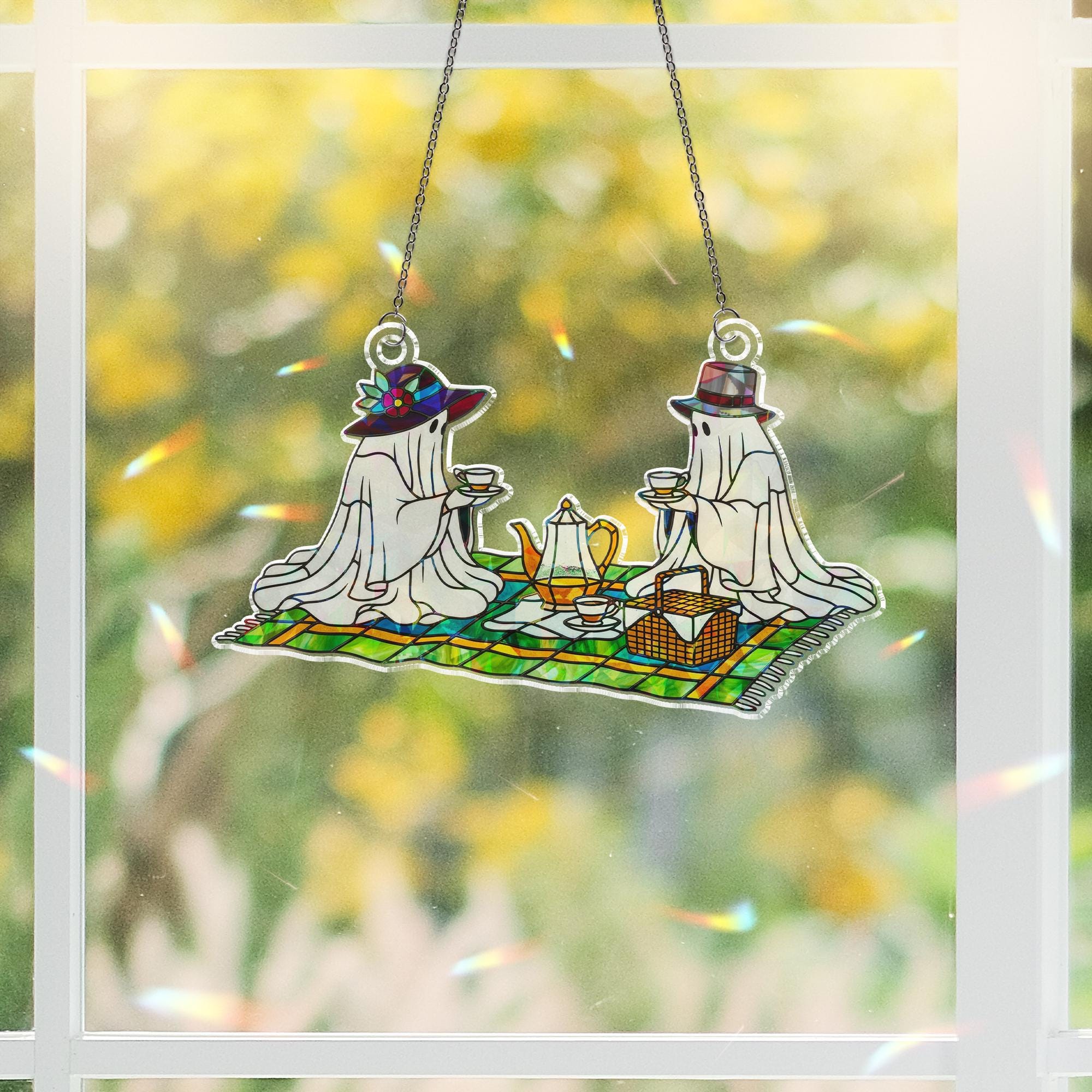 Ghost Picnic Suncatcher – Holographic Acrylic Tea Party Window Decor with Cute Spooky Couple on Plaid Blanket